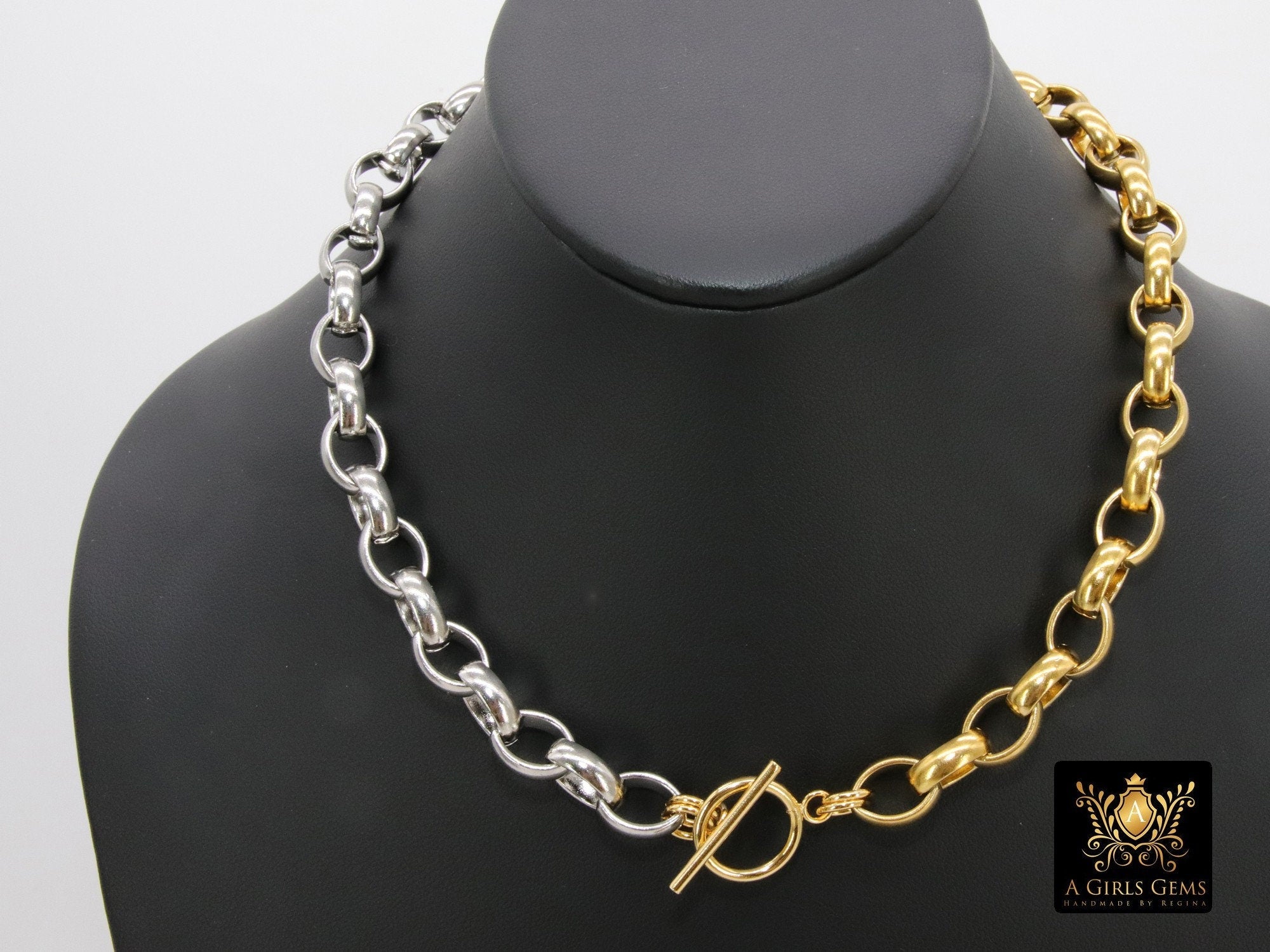 Silver and Gold Rolo Chain Necklace, Toggle Wrap Heavy Necklace, Large Chunky Chain