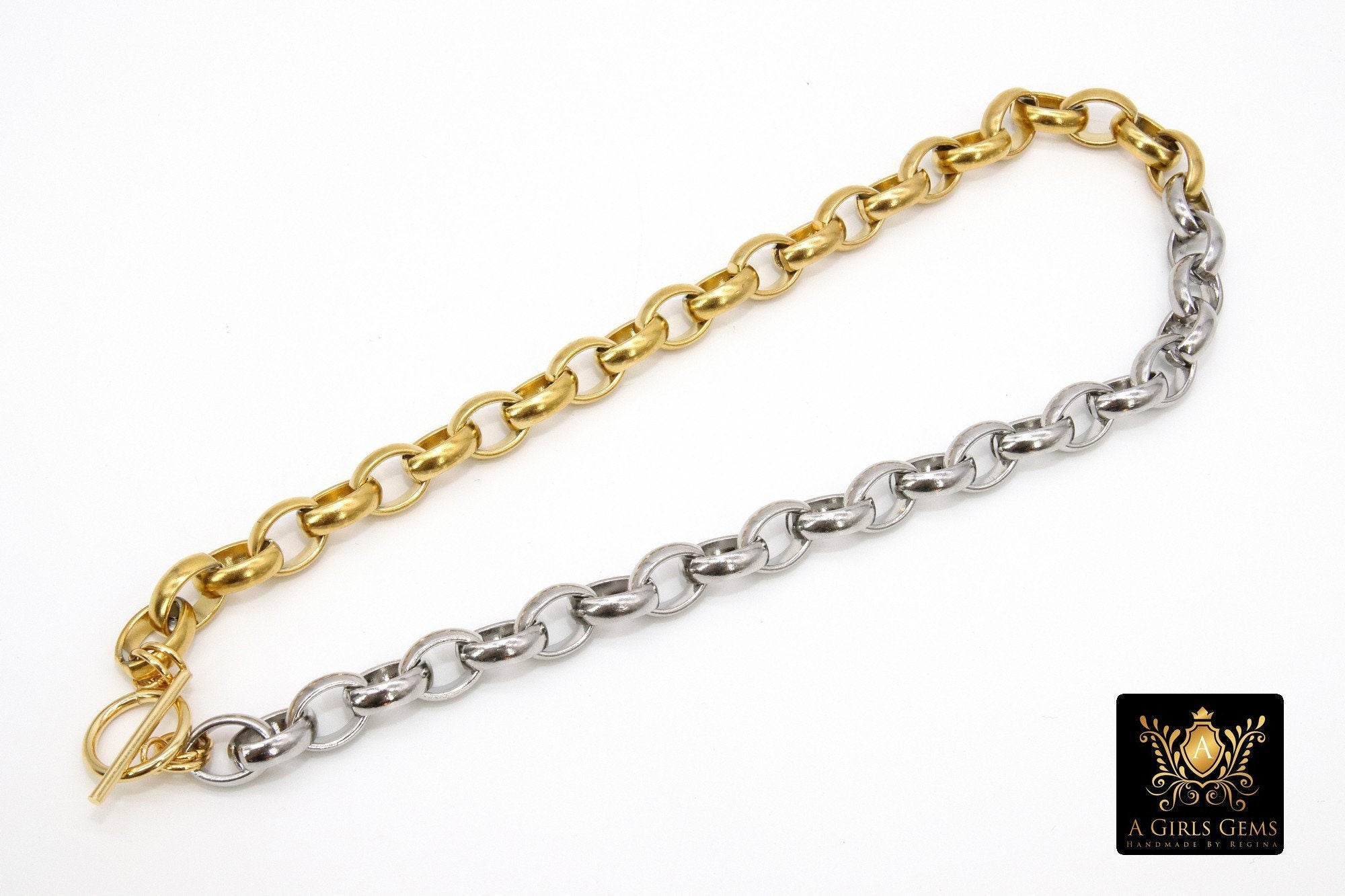 Silver and Gold Rolo Chain Necklace, Toggle Wrap Heavy Necklace, Large Chunky Chain