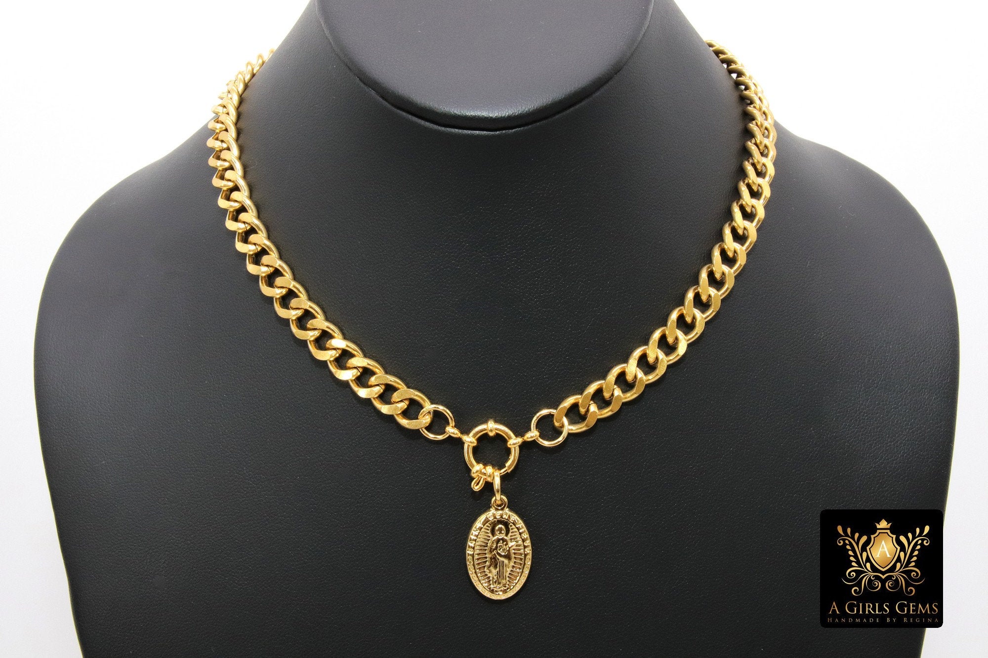 Gold Curb Chain Necklace, Stainless Steel Religious Necklace, St. Benedict Key or Cross, Fleur De Lei Cross - A Girls Gems
