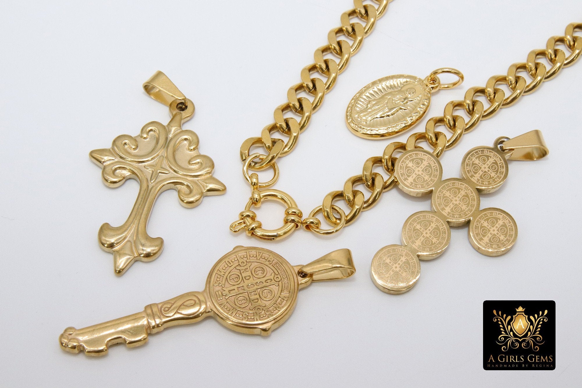 Gold Curb Chain Necklace, Stainless Steel Religious Necklace, St. Benedict Key or Cross, Fleur De Lei Cross - A Girls Gems