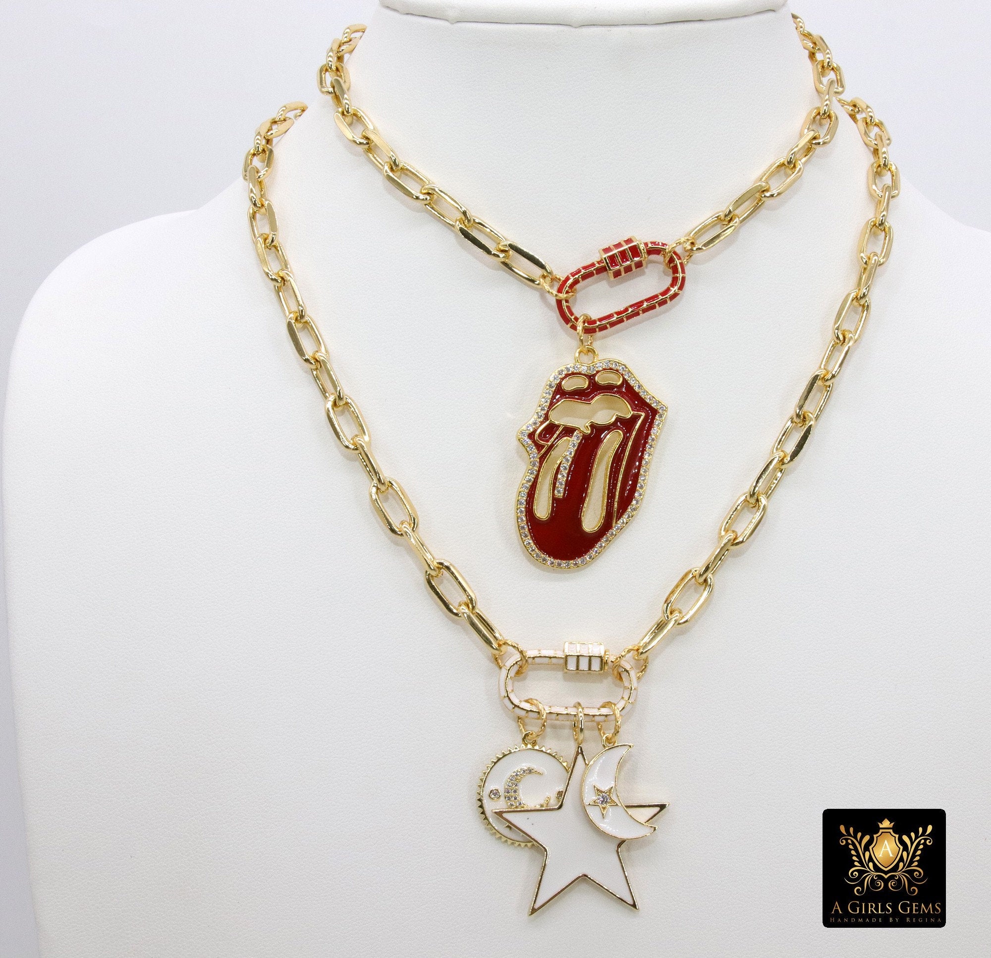 Gold Red Carabiner Wrap Tongue Necklace, Large Black Rectangle Faceted Chain with Rock and Roll Pendant - A Girls Gems
