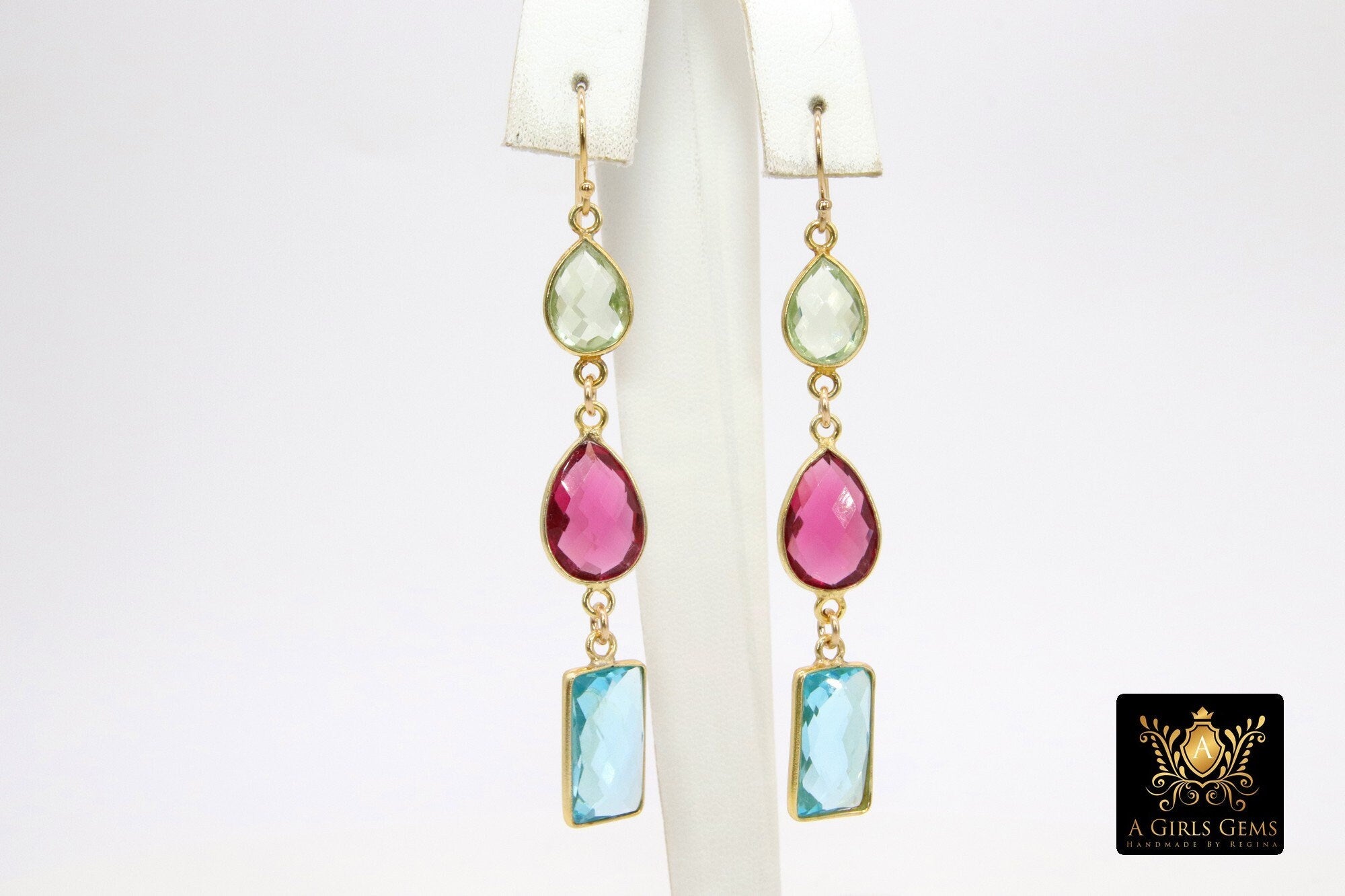 Blue Topaz and Green Amethyst Earrings, 14 K Gold Filled Ear Wire Hooks, Long Pink Tourmaline Gemstone Dangle Earrings
