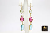 Blue Topaz and Green Amethyst Earrings, 14 K Gold Filled Ear Wire Hooks, Long Pink Tourmaline Gemstone Dangle Earrings