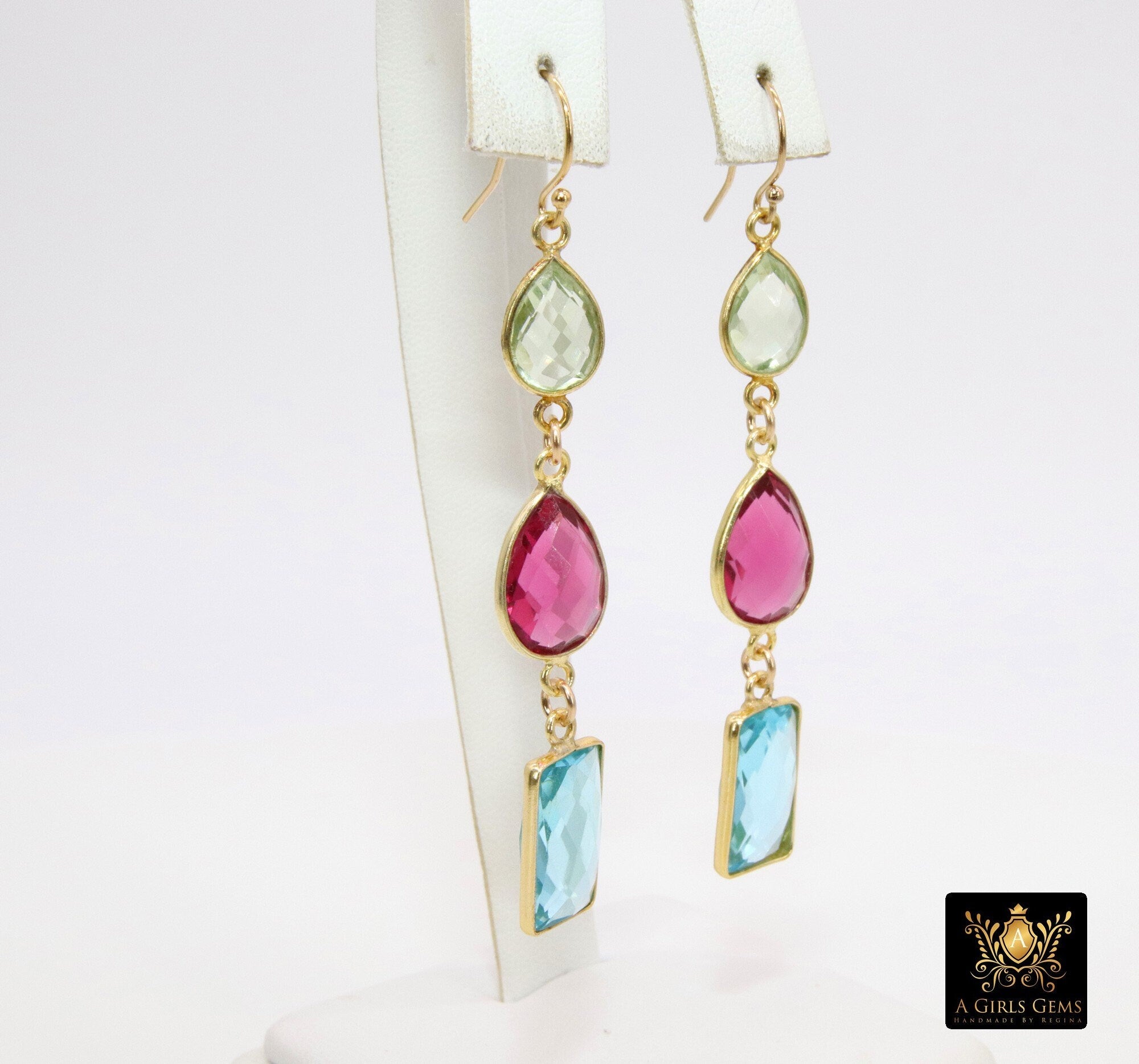 Blue Topaz and Green Amethyst Earrings, 14 K Gold Filled Ear Wire Hooks, Long Pink Tourmaline Gemstone Dangle Earrings