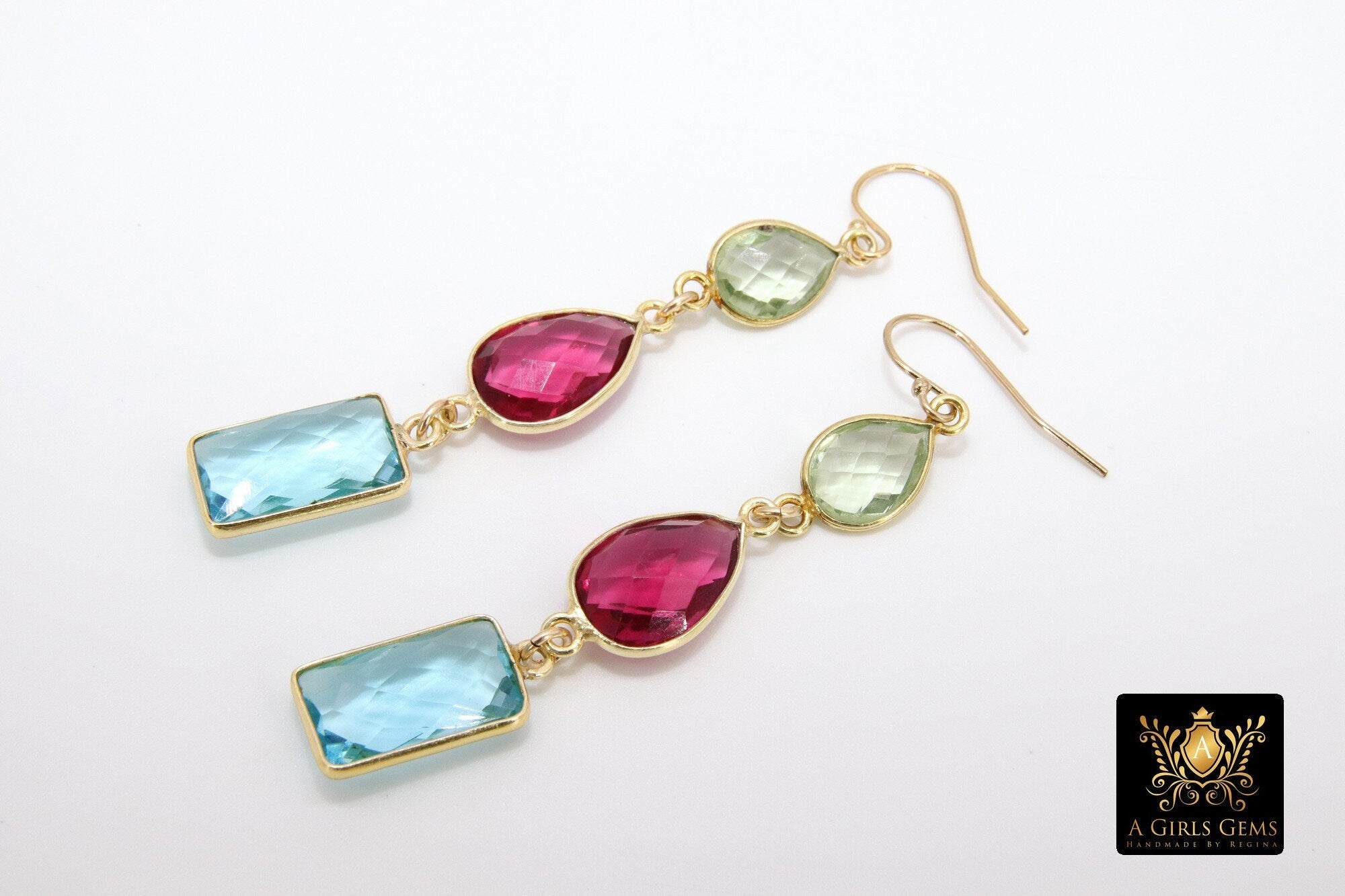 Blue Topaz and Green Amethyst Earrings, 14 K Gold Filled Ear Wire Hooks, Long Pink Tourmaline Gemstone Dangle Earrings