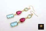 Blue Topaz and Green Amethyst Earrings, 14 K Gold Filled Ear Wire Hooks, Long Pink Tourmaline Gemstone Dangle Earrings