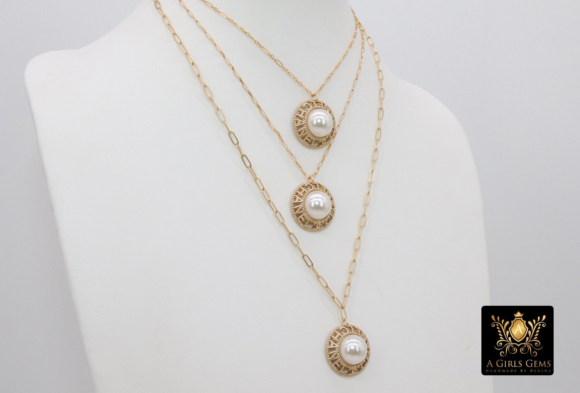 14 K Gold Filled Rolo Drawn Chain Necklace, Repurposed Vintage Button Necklace, Gold Round Channel Pearl Button - A Girls Gems