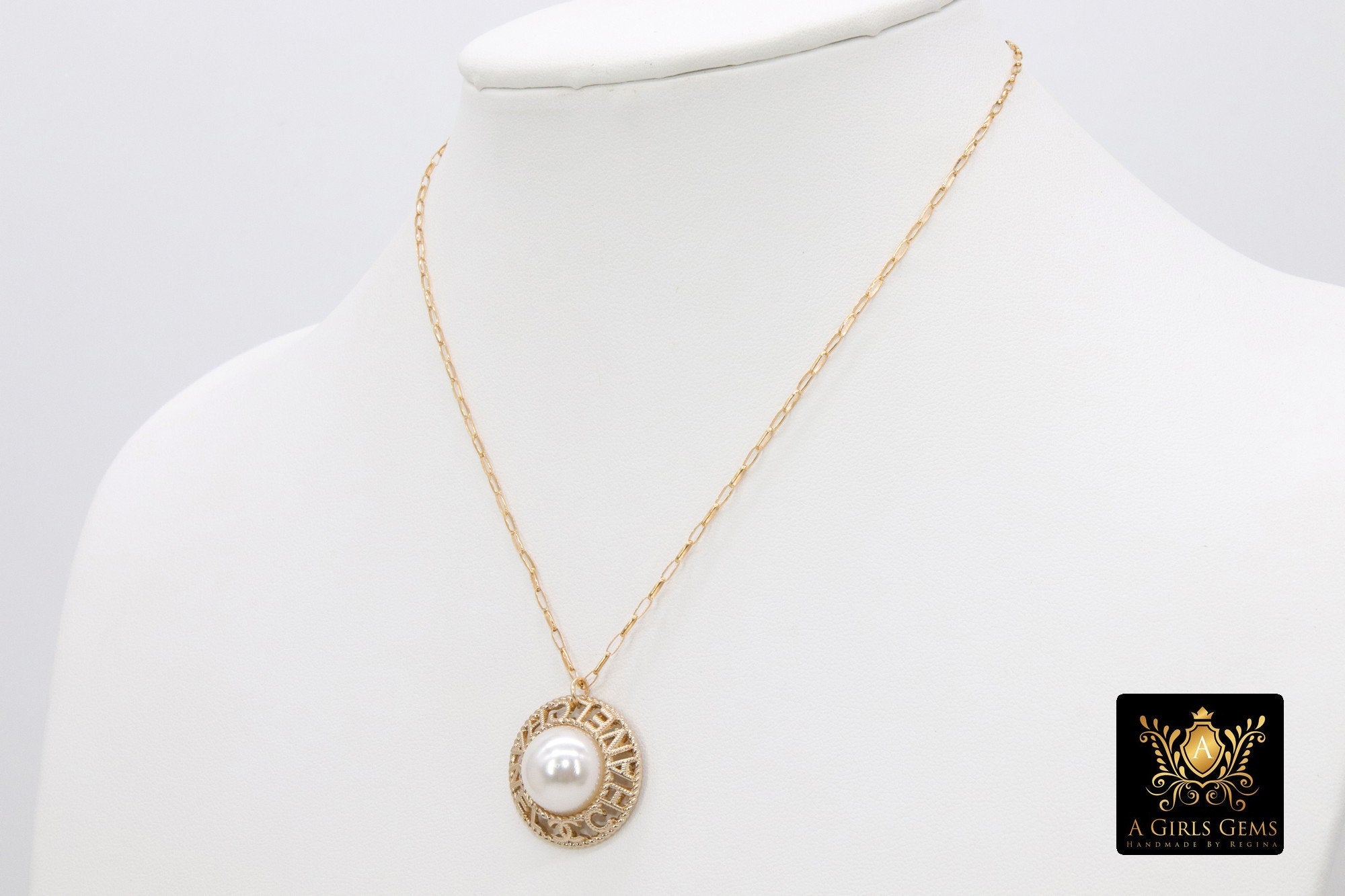 14 K Gold Filled Rolo Drawn Chain Necklace, Repurposed Vintage Button Necklace, Gold Round Channel Pearl Button - A Girls Gems