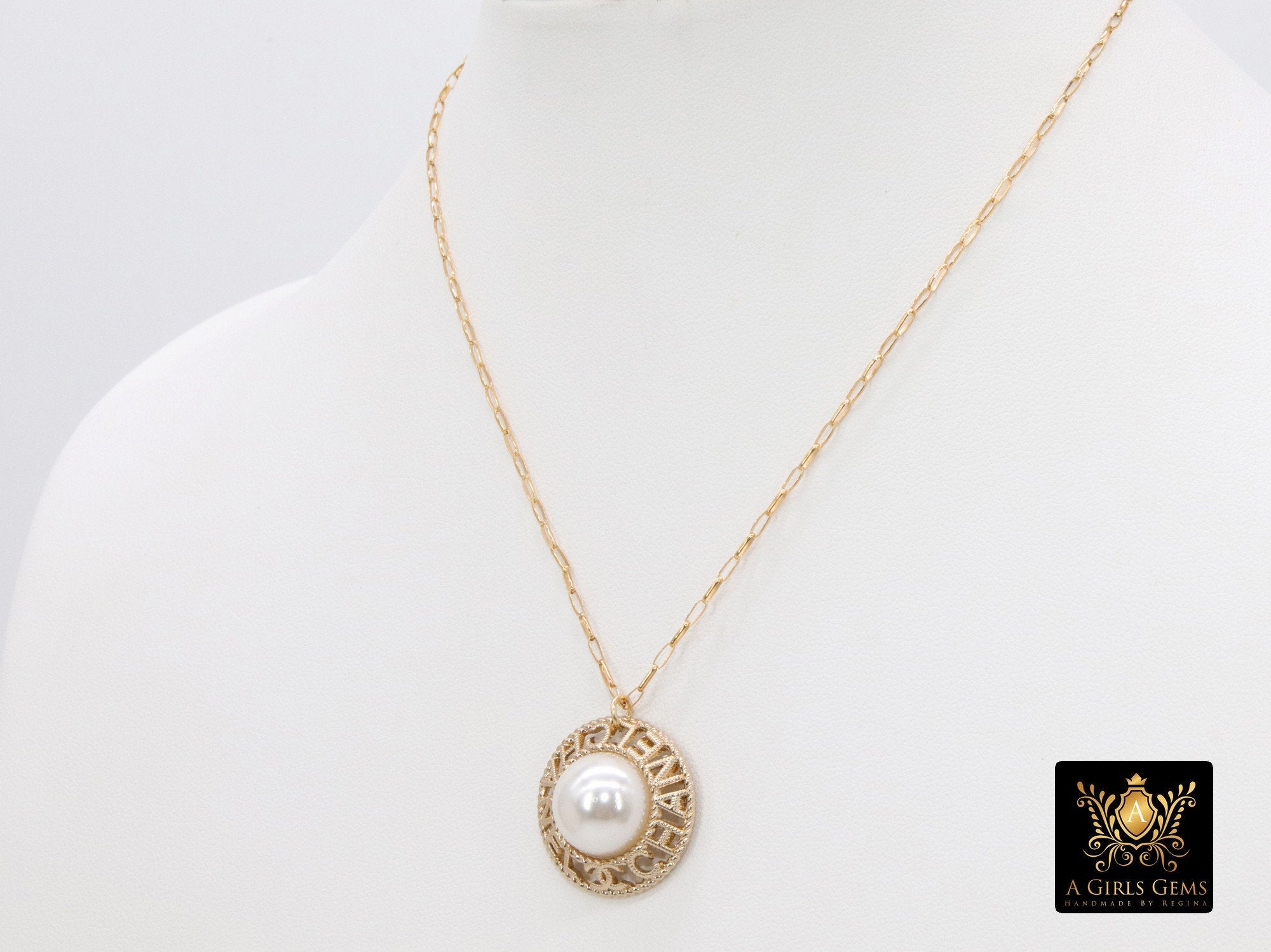 14 K Gold Filled Rolo Drawn Chain Necklace, Repurposed Vintage Button Necklace, Gold Round Channel Pearl Button - A Girls Gems