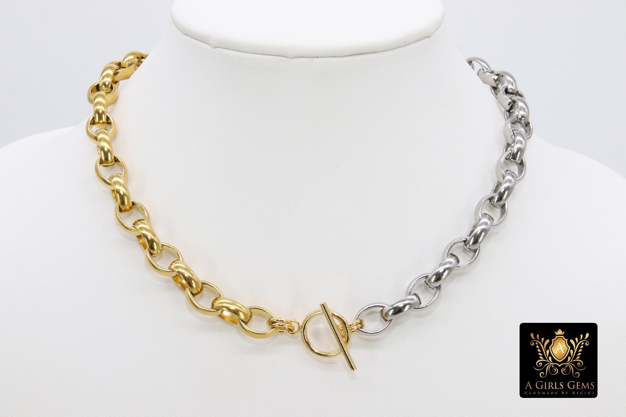 Silver and Gold Rolo Chain Necklace, Toggle Wrap Heavy Necklace, Large Chunky Chain