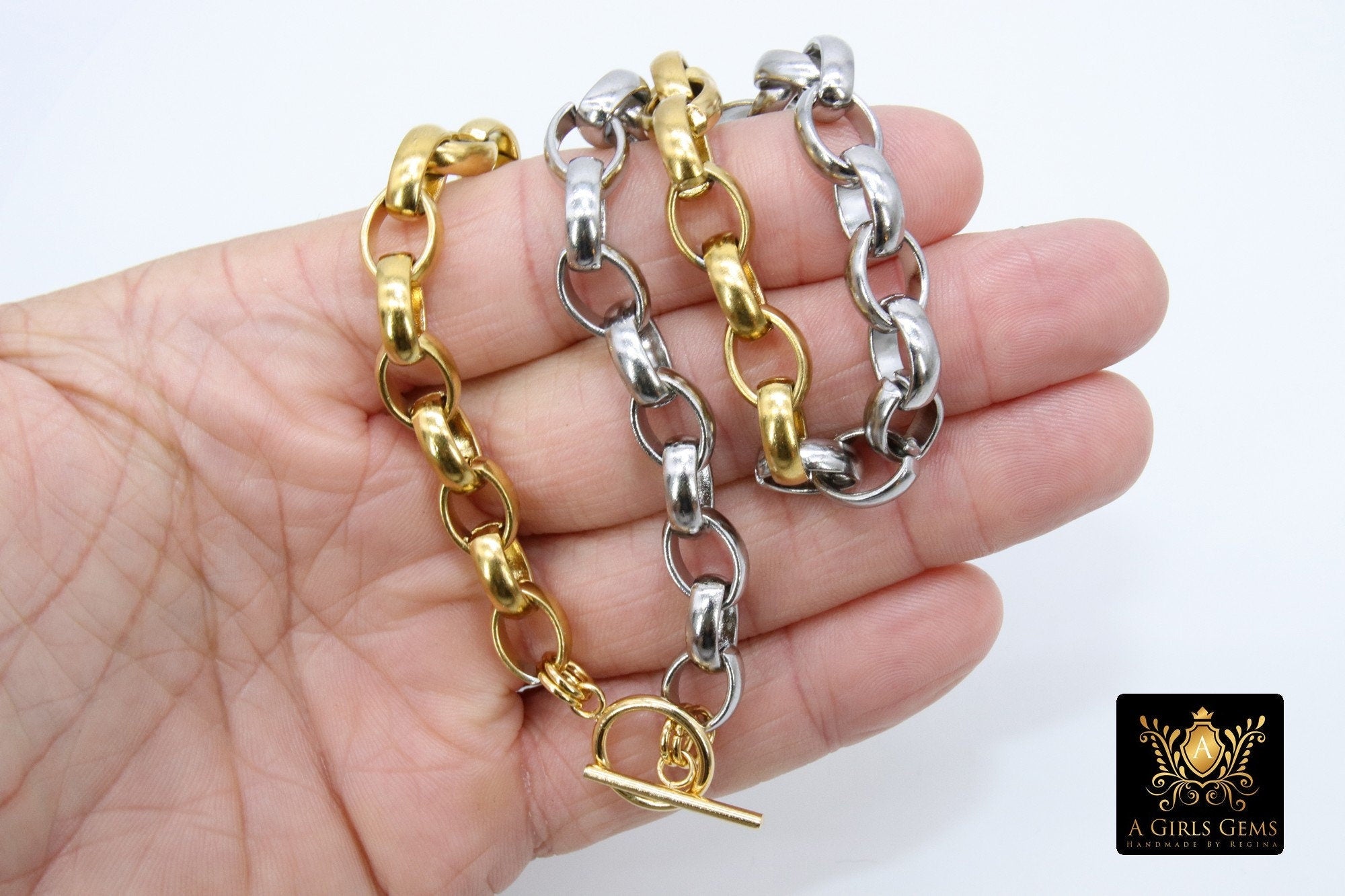 Silver and Gold Rolo Chain Necklace, Toggle Wrap Heavy Necklace, Large Chunky Chain
