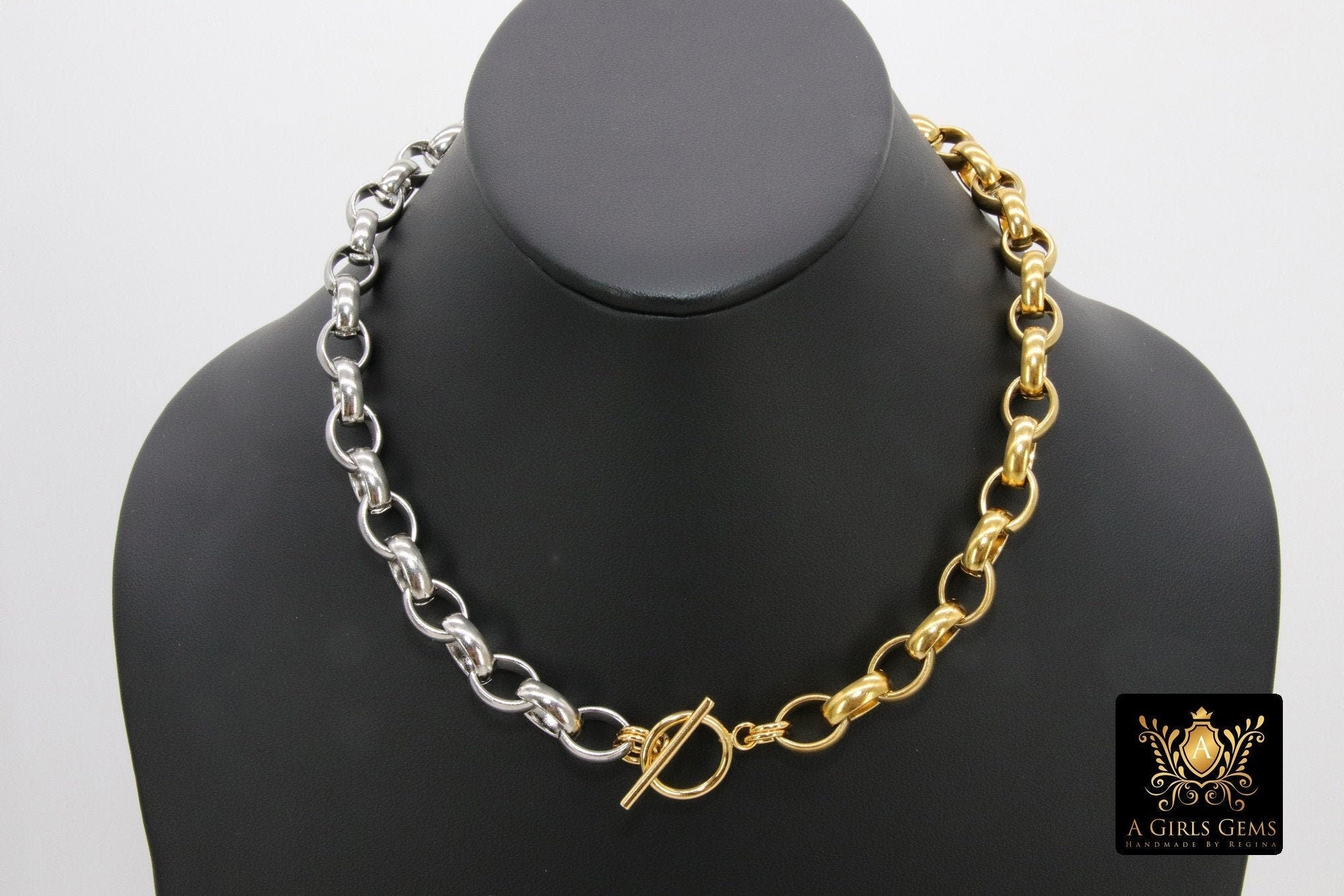 Silver and Gold Rolo Chain Necklace, Toggle Wrap Heavy Necklace, Large Chunky Chain