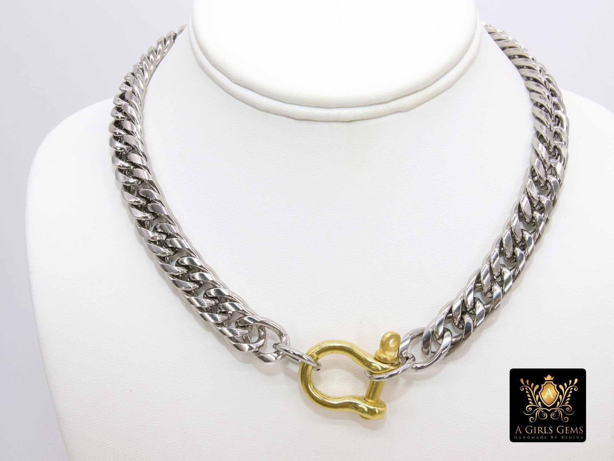 Silver and Gold Curb Chain Necklace, Shackle Chunky Necklace, Stainless Steel Jewelry - A Girls Gems