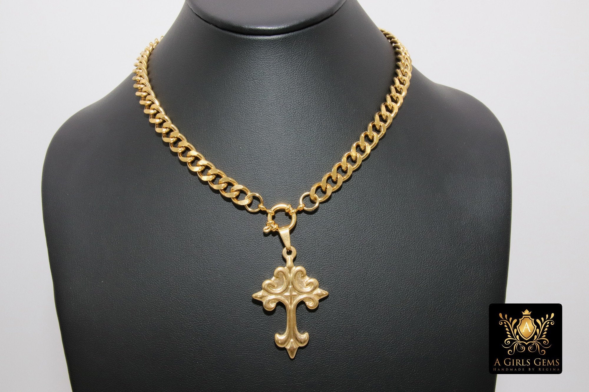Gold Curb Chain Necklace, Stainless Steel Religious Necklace, St. Benedict Key or Cross, Fleur De Lei Cross - A Girls Gems