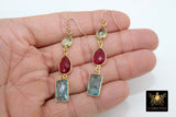 Blue Topaz and Green Amethyst Earrings, 14 K Gold Filled Ear Wire Hooks, Long Pink Tourmaline Gemstone Dangle Earrings