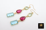 Blue Topaz and Green Amethyst Earrings, 14 K Gold Filled Ear Wire Hooks, Long Pink Tourmaline Gemstone Dangle Earrings