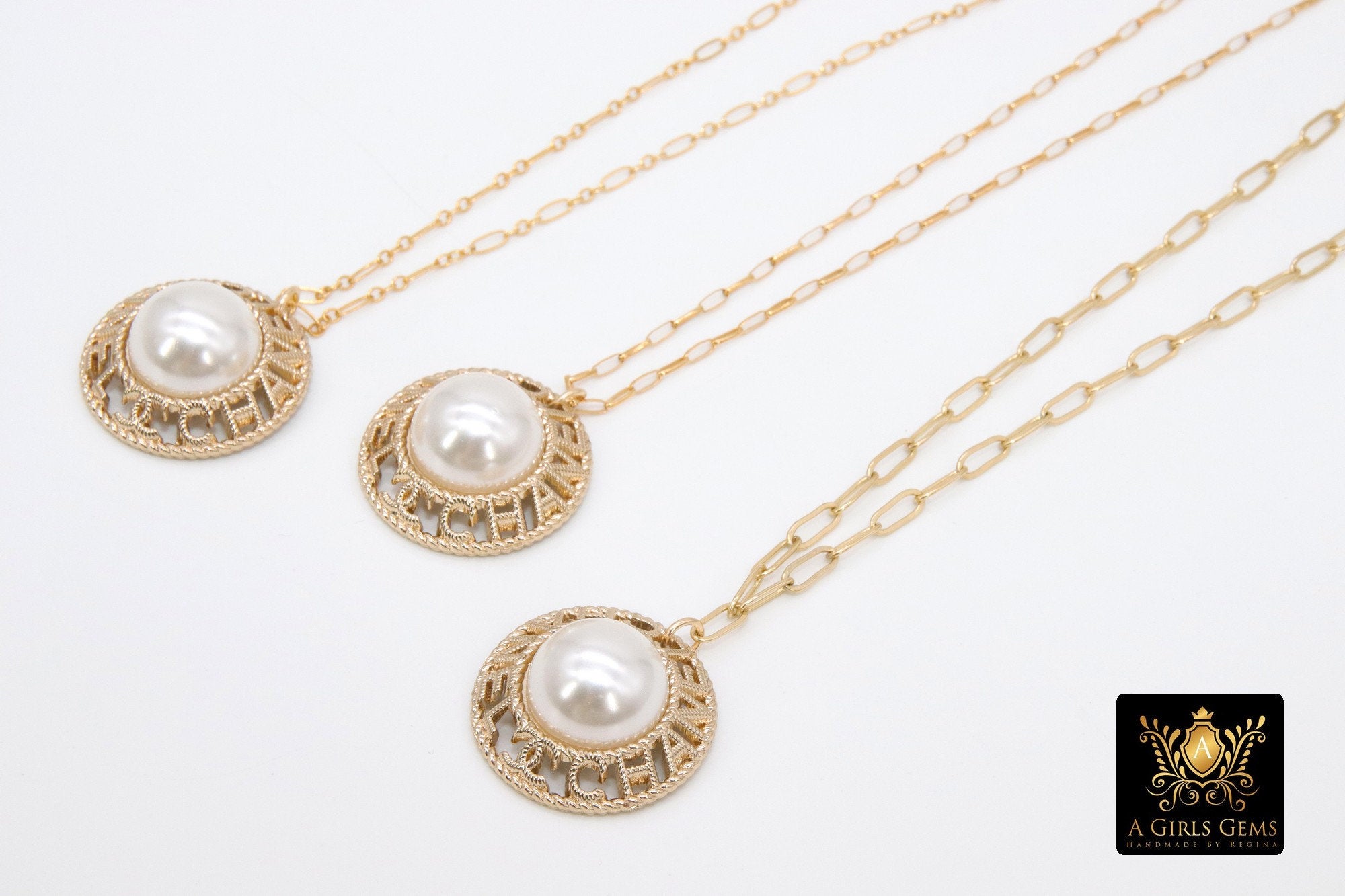 14 K Gold Filled Chain Repurposed Vintage Button Necklace, Gold Round Channel Pearl Button - A Girls Gems