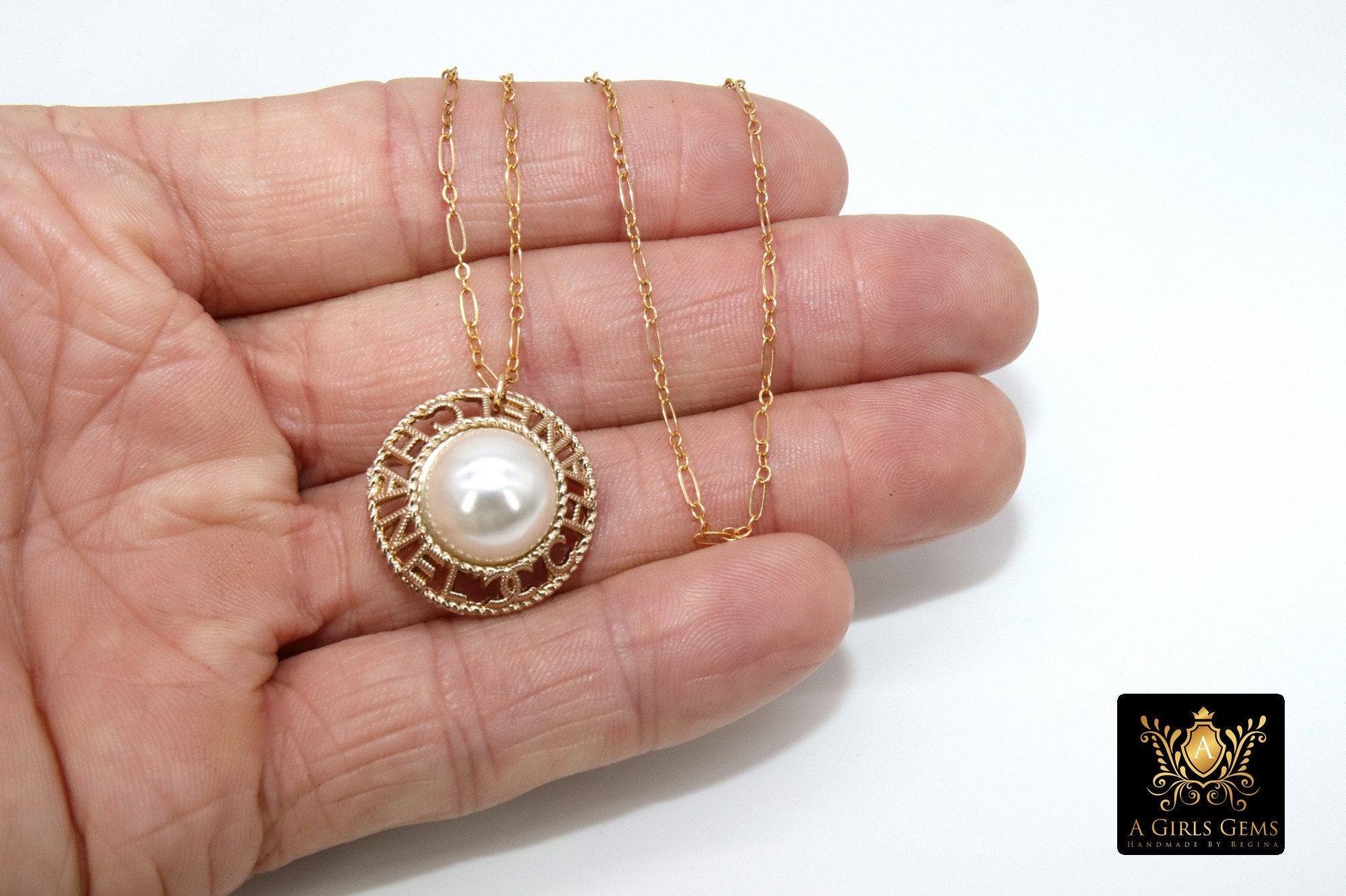 14 K Gold Filled Chain Repurposed Vintage Button Necklace, Gold Round Channel Pearl Button - A Girls Gems