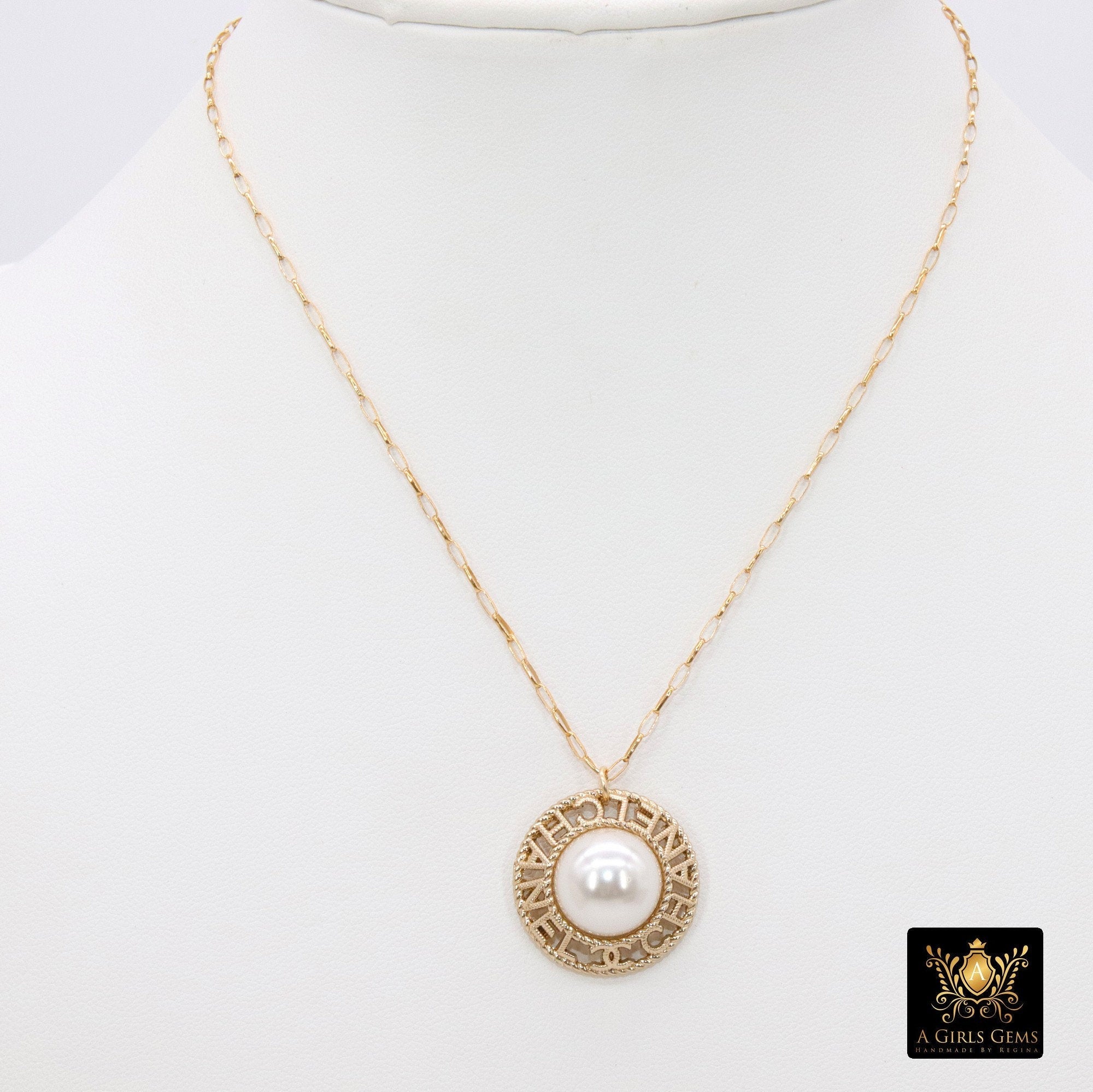 14 K Gold Filled Rolo Drawn Chain Necklace, Repurposed Vintage Button Necklace, Gold Round Channel Pearl Button - A Girls Gems
