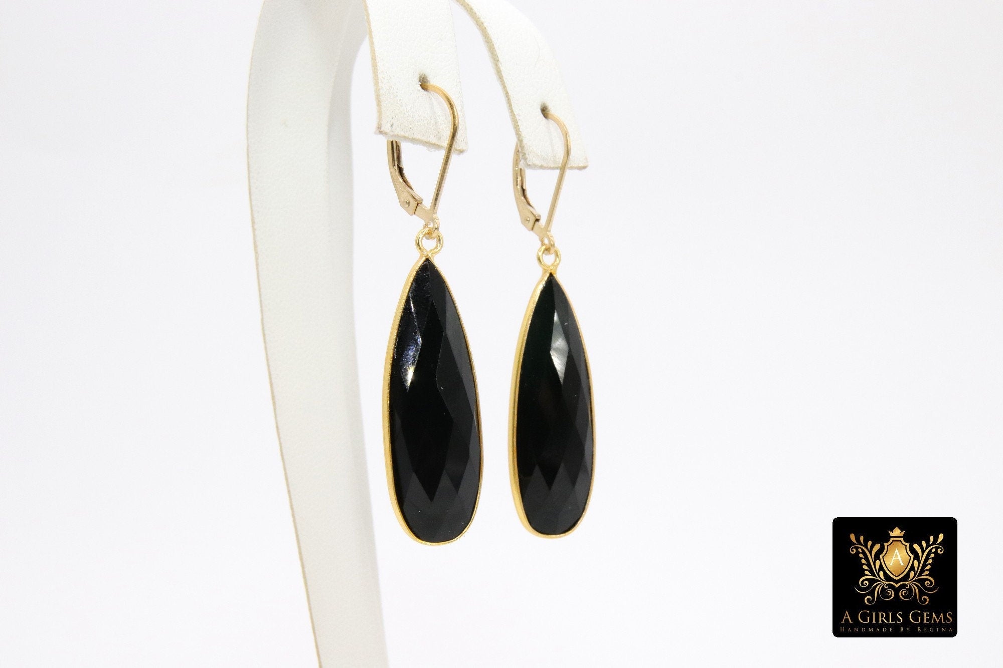14 K Gold Filled Black Onyx Lever Back Earrings, Long Teardrop Gemstone Dangle Earrings - A Girls Gems