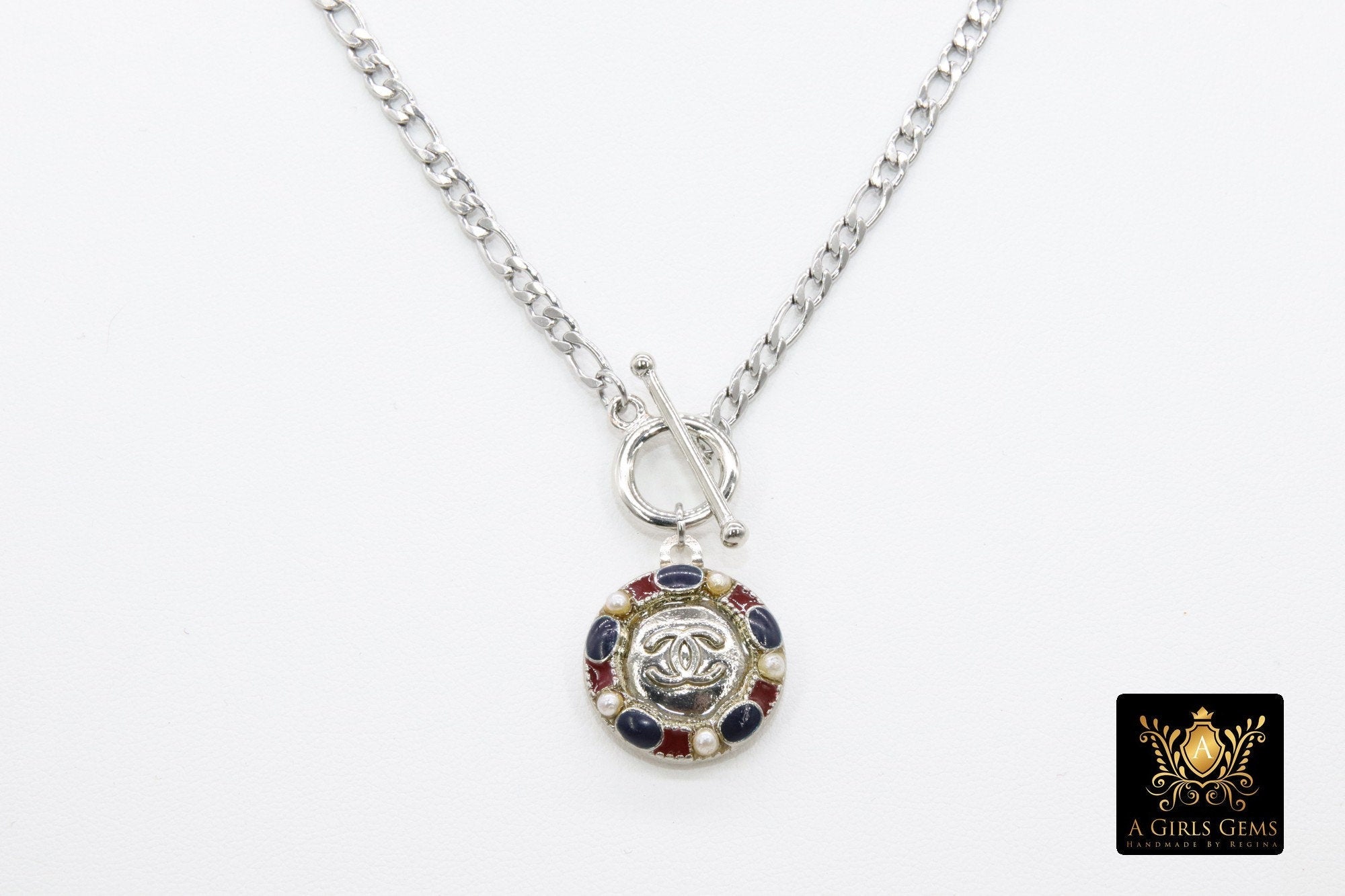 Silver Figaro Chain Toggle Necklace, Repurposed Vintage Button Choker, Silver Round Channel Pearl and Stones Button - A Girls Gems