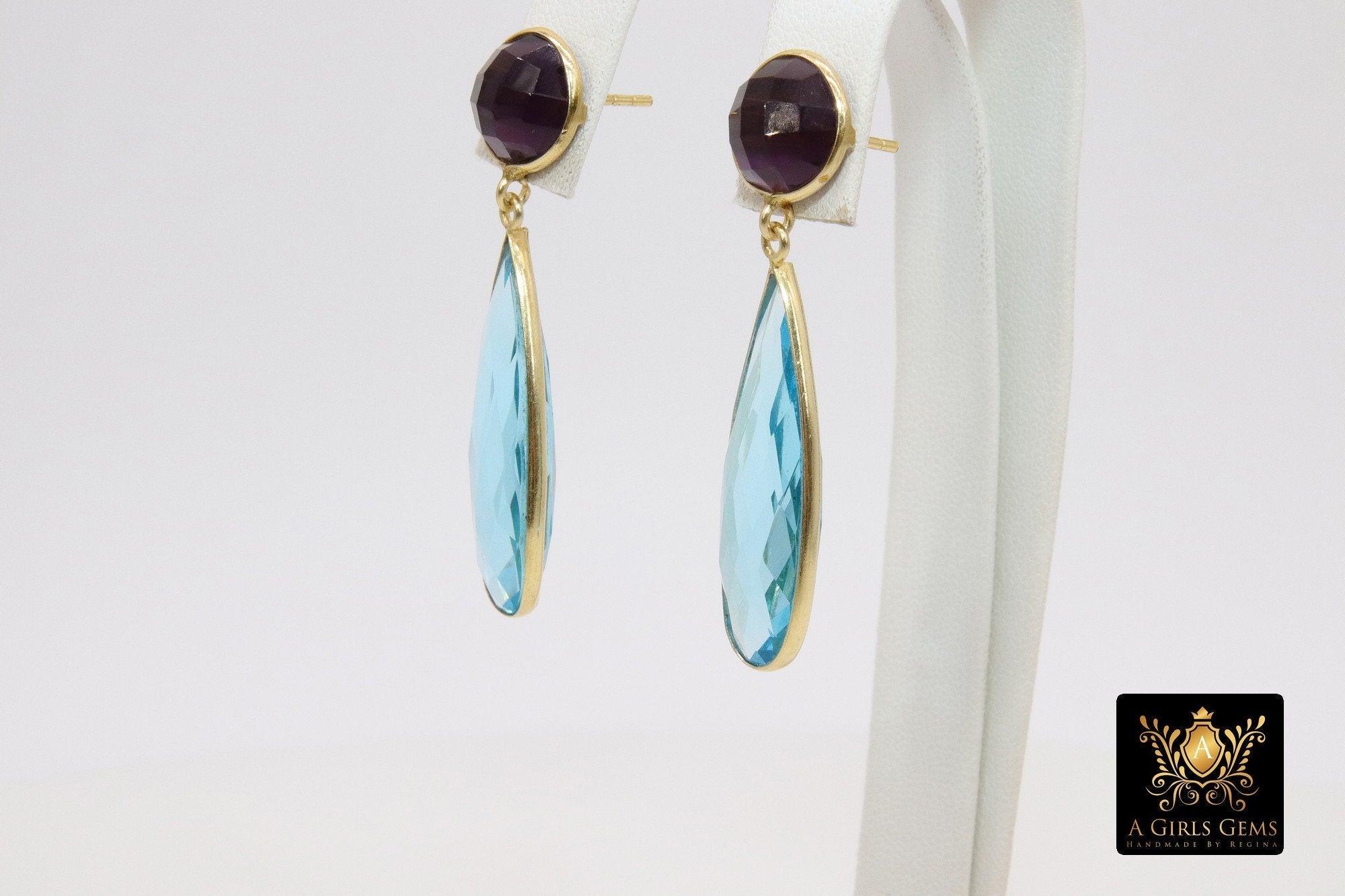 14 K Gold Blue Topaz Earrings, Amethyst Gemstones, 925 Silver Stud Ear Rings, December Birthday