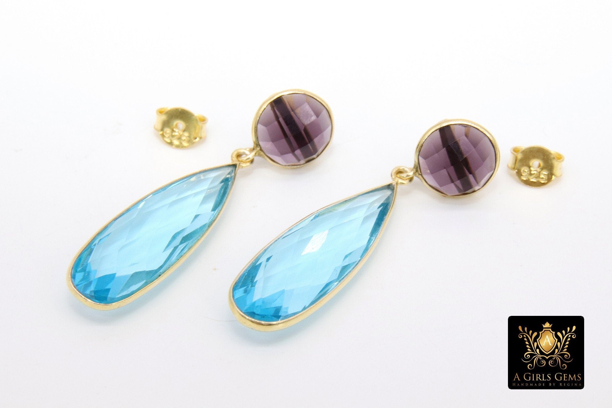 14 K Gold Blue Topaz Earrings, Amethyst Gemstones, 925 Silver Stud Ear Rings, December Birthday
