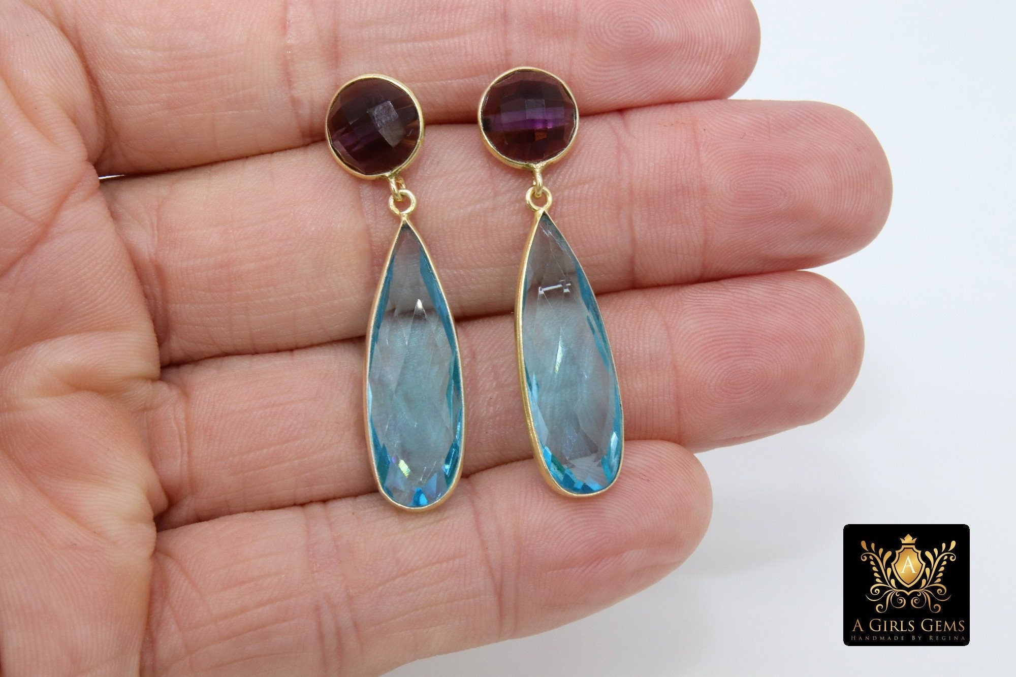 14 K Gold Blue Topaz Earrings, Amethyst Gemstones, 925 Silver Stud Ear Rings, December Birthday