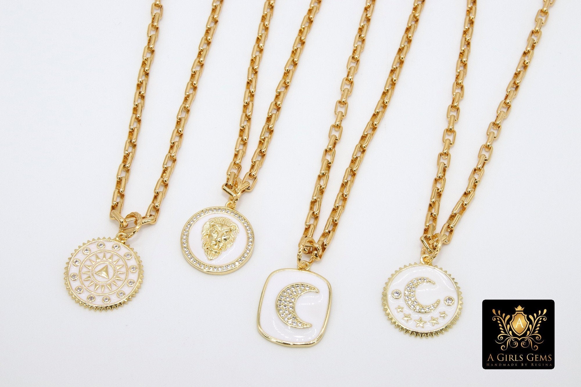 Gold Box Chain Necklace, Tiger White Enamel Rectangle Chain, CZ Moon or Sundial Clock with Pendants of Your Choice - A Girls Gems