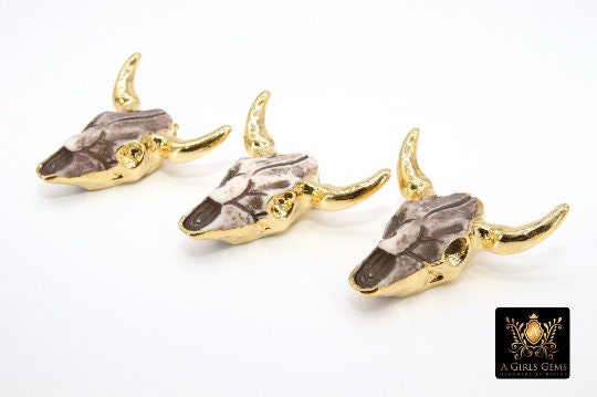 Clear Quartz CZ Micro Pave Bone Cow Skull Pendant CW18, Boho Longhorn Cattle Crystal Quartz and Black Zircons White Resin Bone Necklace - A Girls Gems