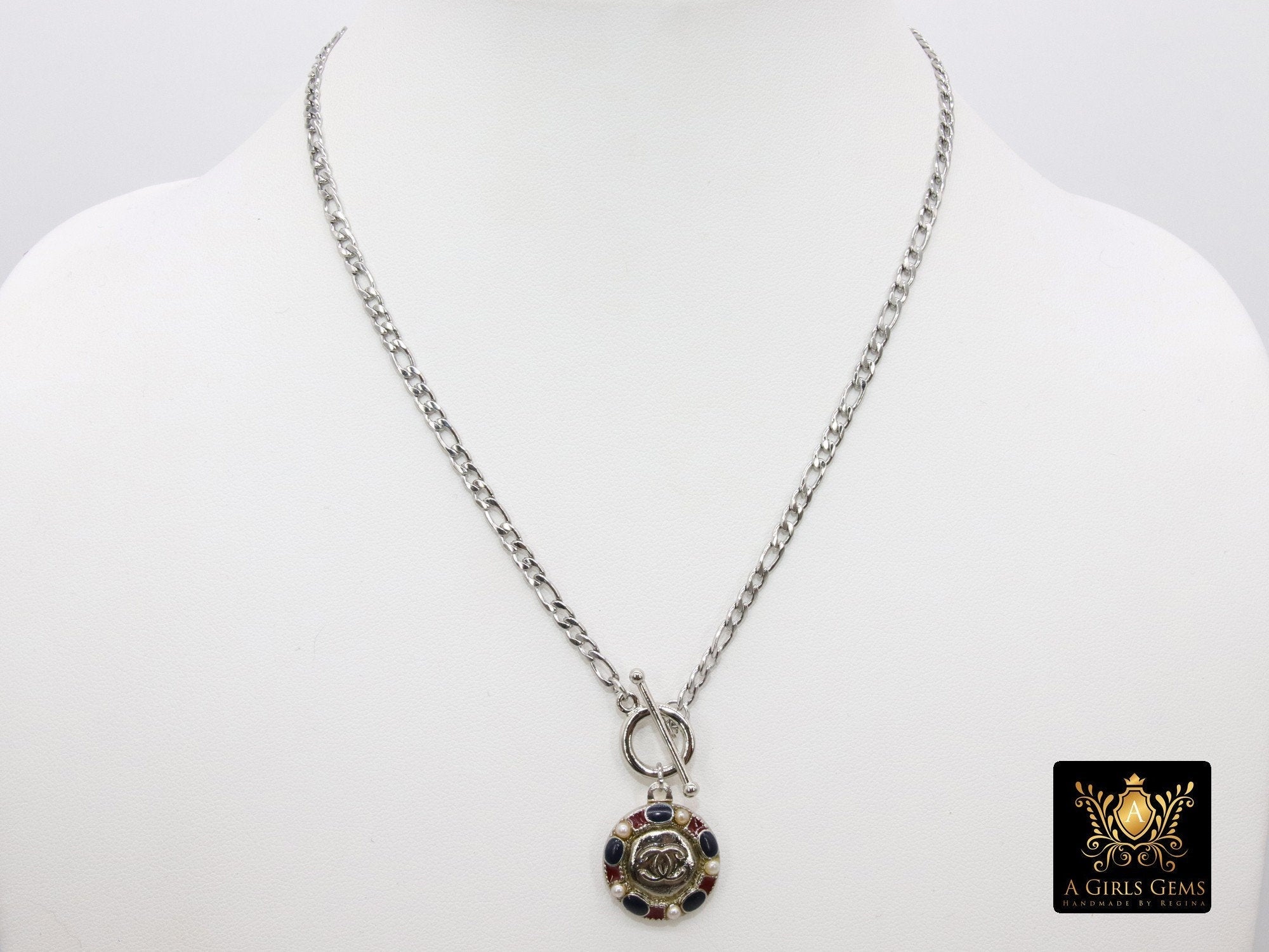 Silver Figaro Chain Toggle Necklace, Repurposed Vintage Button Choker, Silver Round Channel Pearl and Stones Button - A Girls Gems