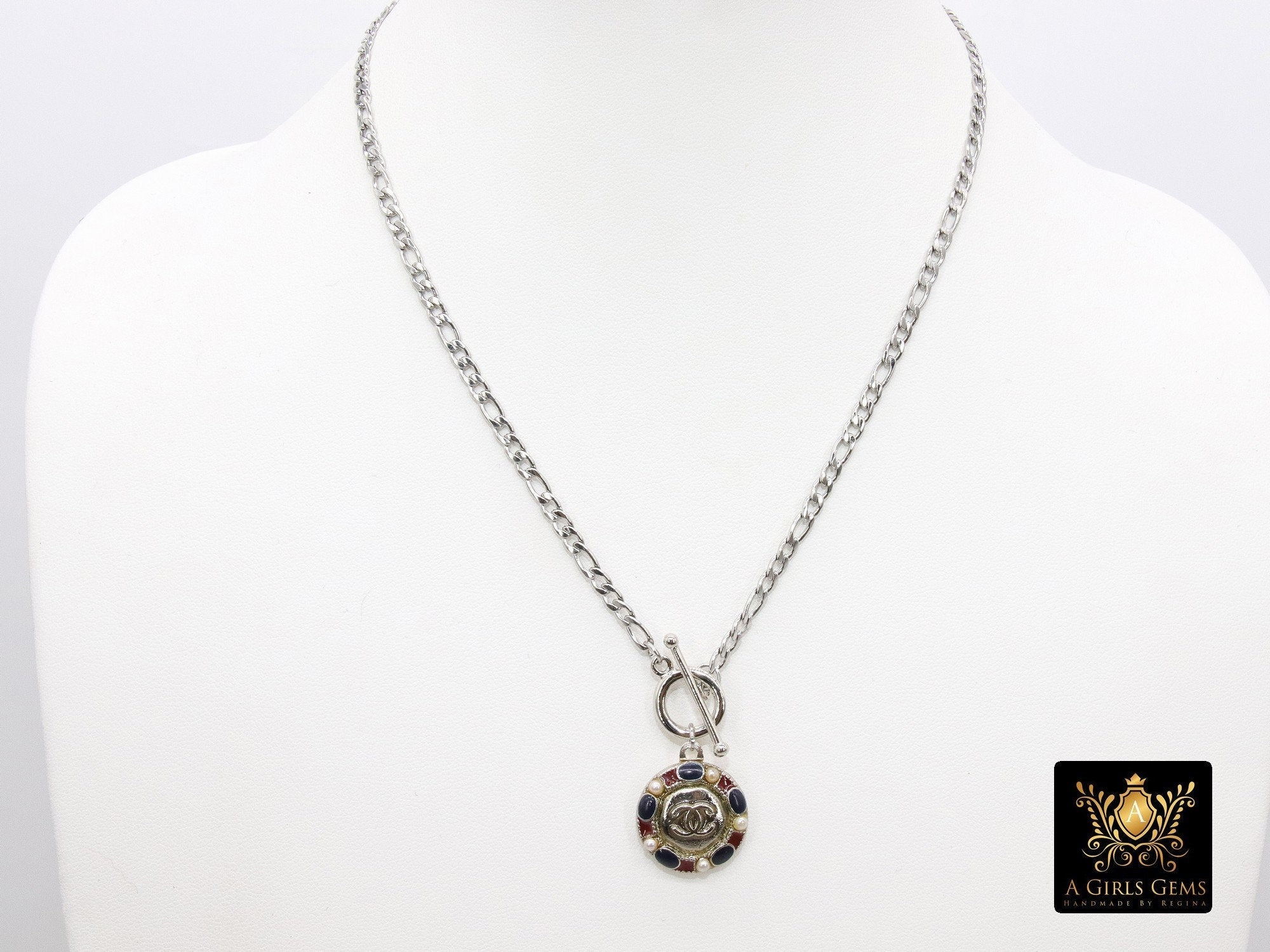 Silver Figaro Chain Toggle Necklace, Repurposed Vintage Button Choker, Silver Round Channel Pearl and Stones Button - A Girls Gems