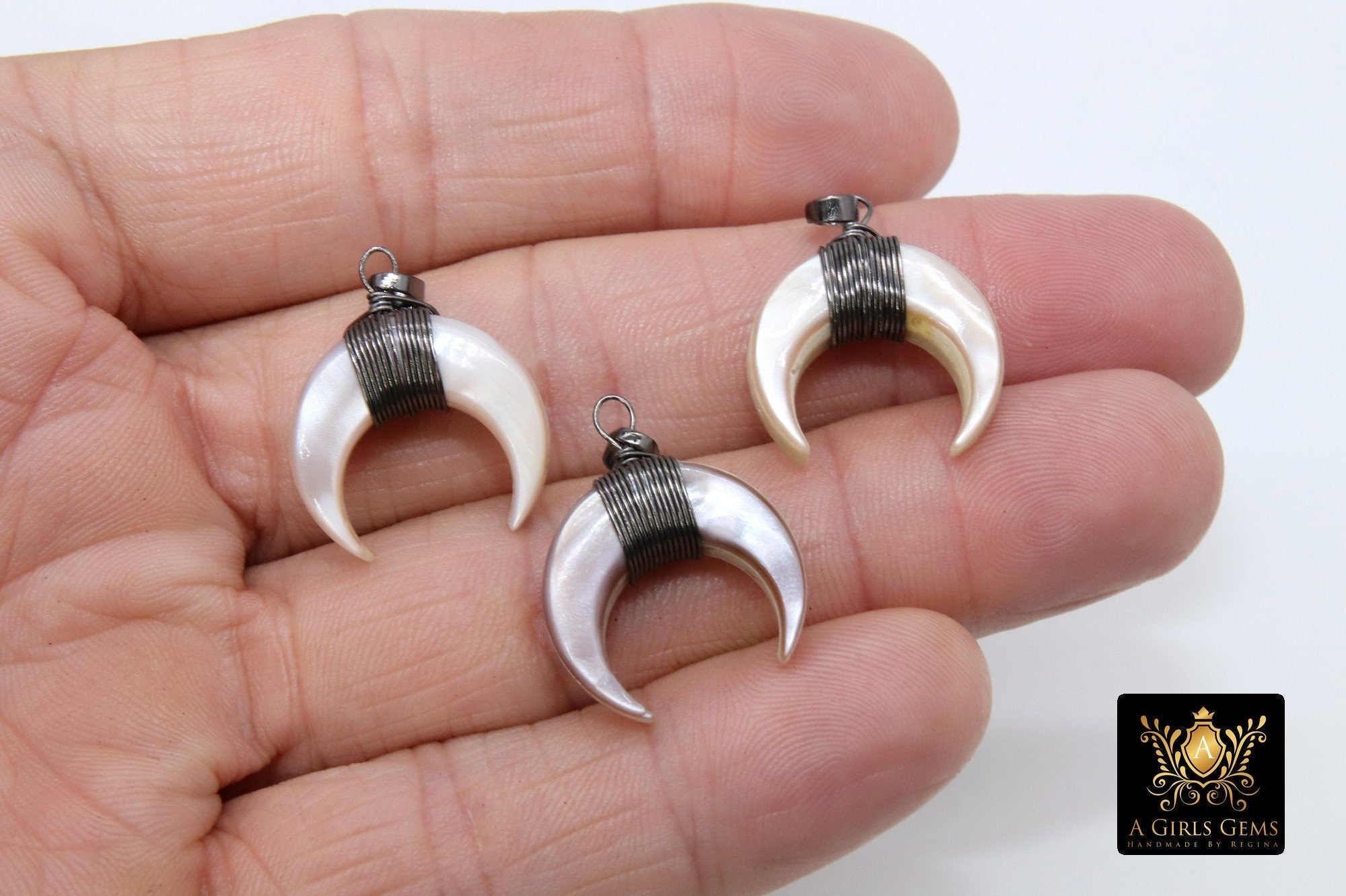 Crescent Moon Charms, Pink Beige Mini Double Horn Charms, Gunmetal Black Plated Wire Wrapped Natural Shell Pendants DIY Jewelry Supplies - A Girls Gems