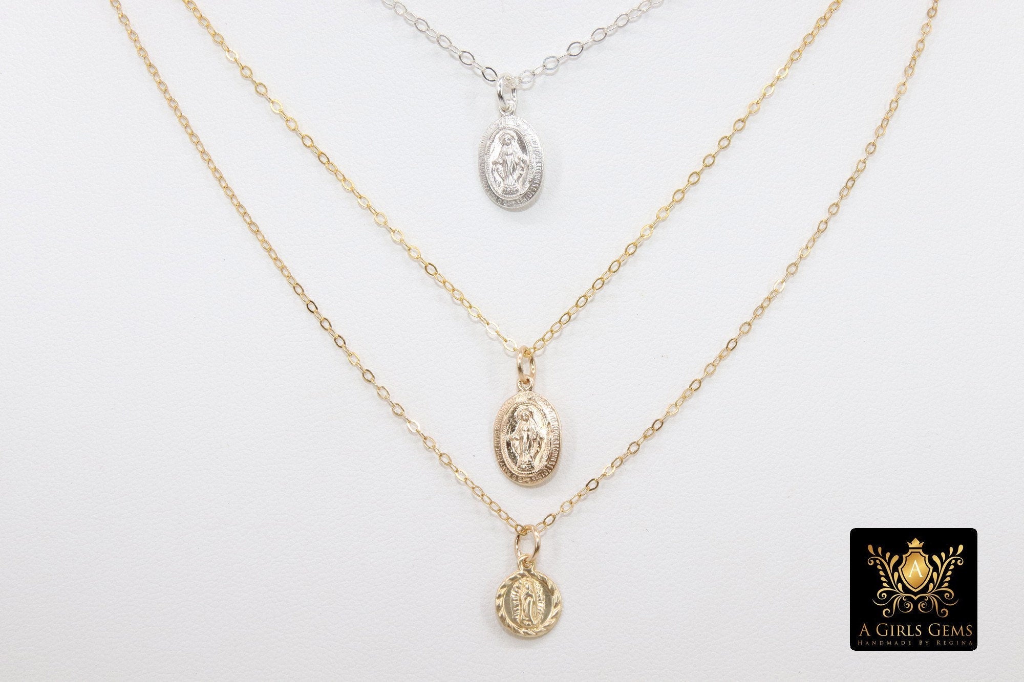 14 K Gold Filled Virgin Mary Hammered Chain Necklace, 925 Sterling Silver Mother Mary Choker, Mommy and Me Madonna Necklaces - A Girls Gems