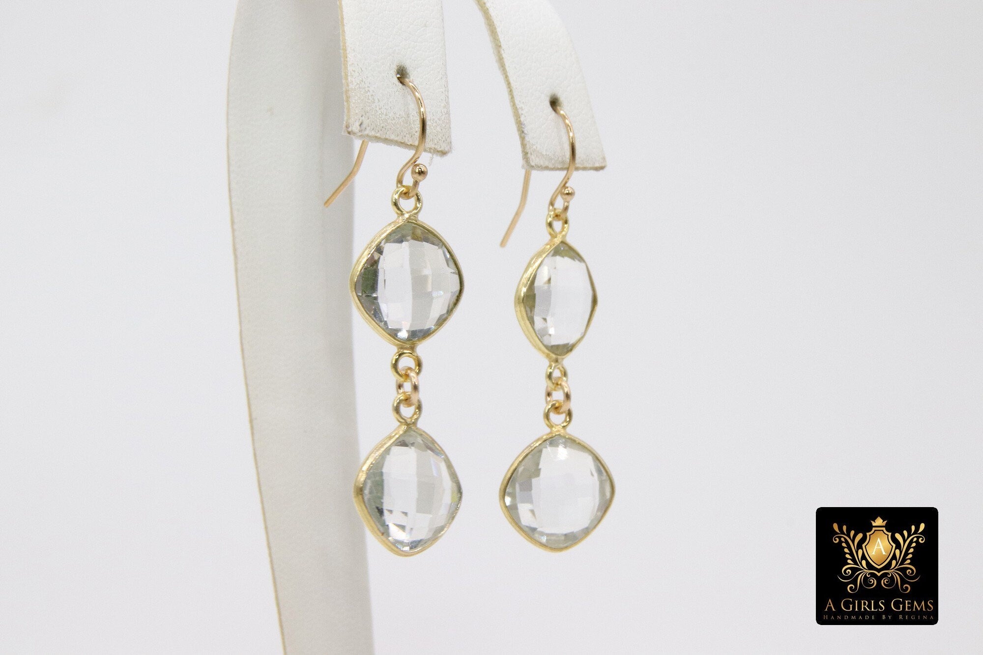 14 K Gold Clear Crystal Quartz Earrings, Diamond Teardrop Gemstones #692