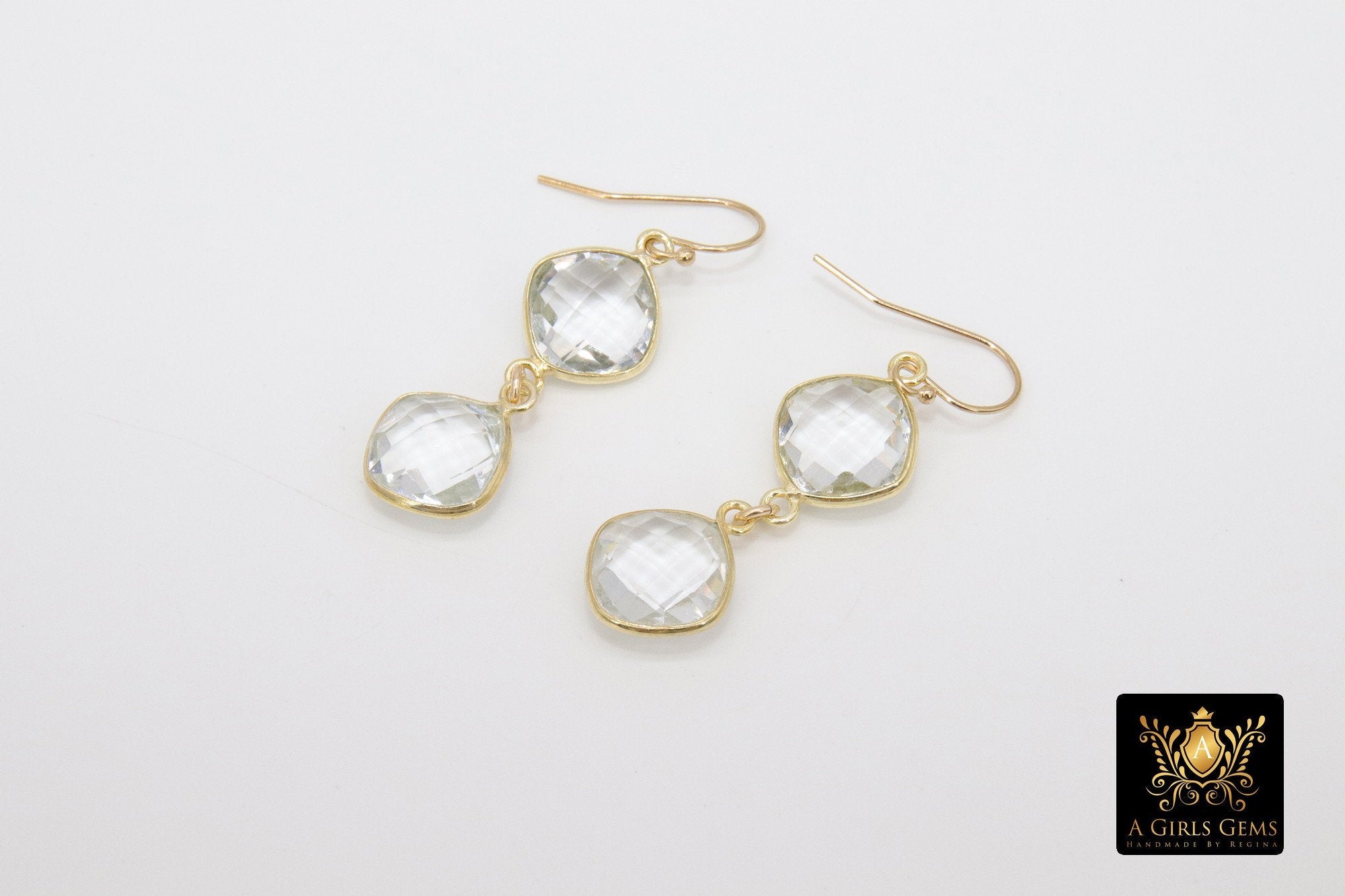 14 K Gold Clear Crystal Quartz Earrings, Diamond Teardrop Gemstones #692