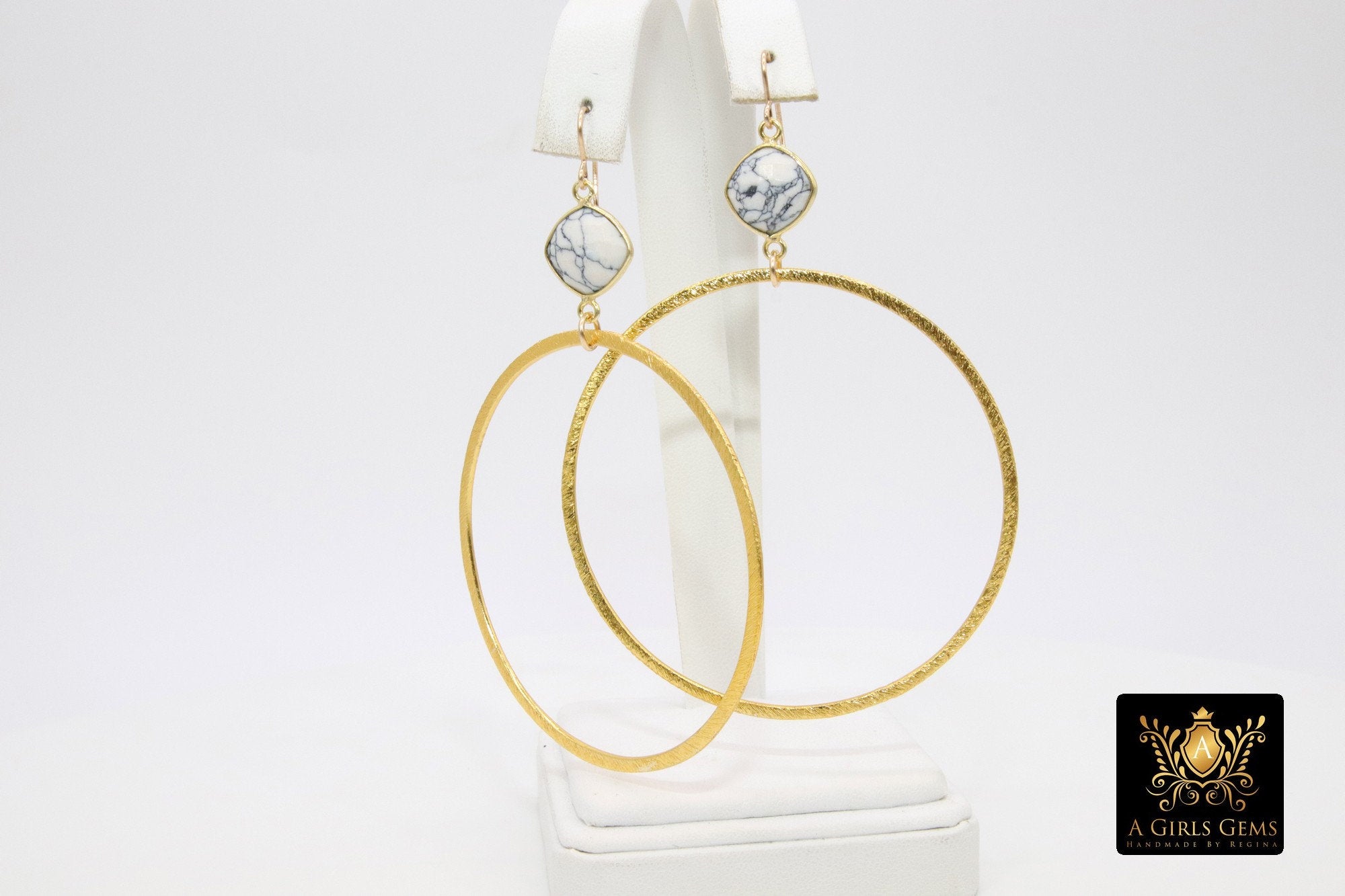 White Turquoise Large Hoop Earrings, 14 K Gold Filled Fancy Hook Ear Wires  #692, Brushed Gold Round Hoops