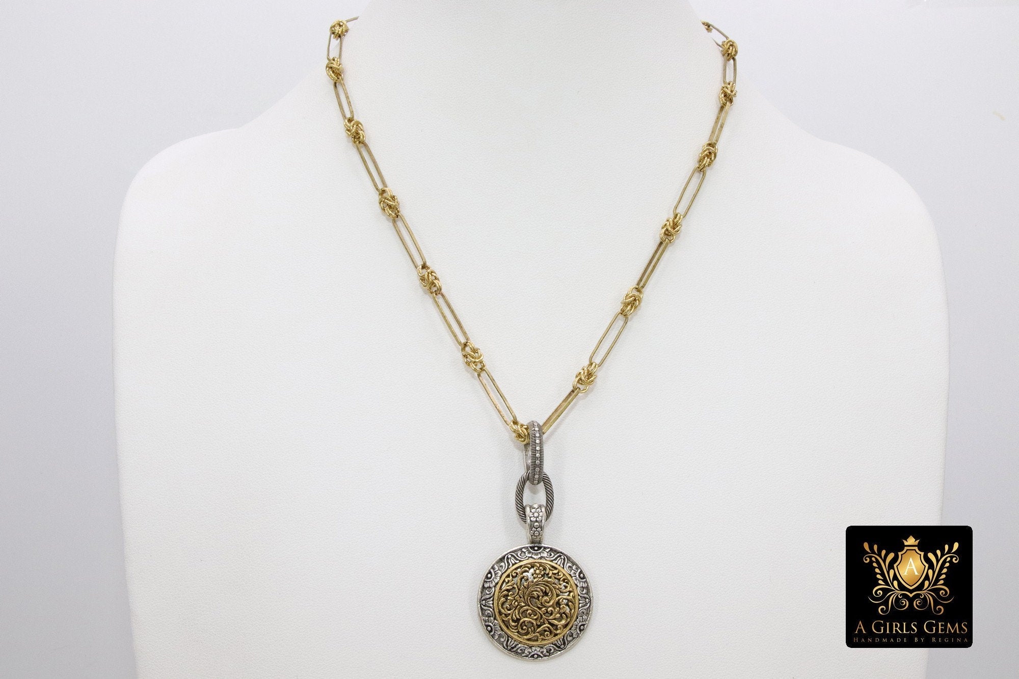 Gold and Silver Filigree Medallion Necklace, Vintage Gold Rectangle Chain Maille #684, Coin Pendant Statement Jewelry - A Girls Gems