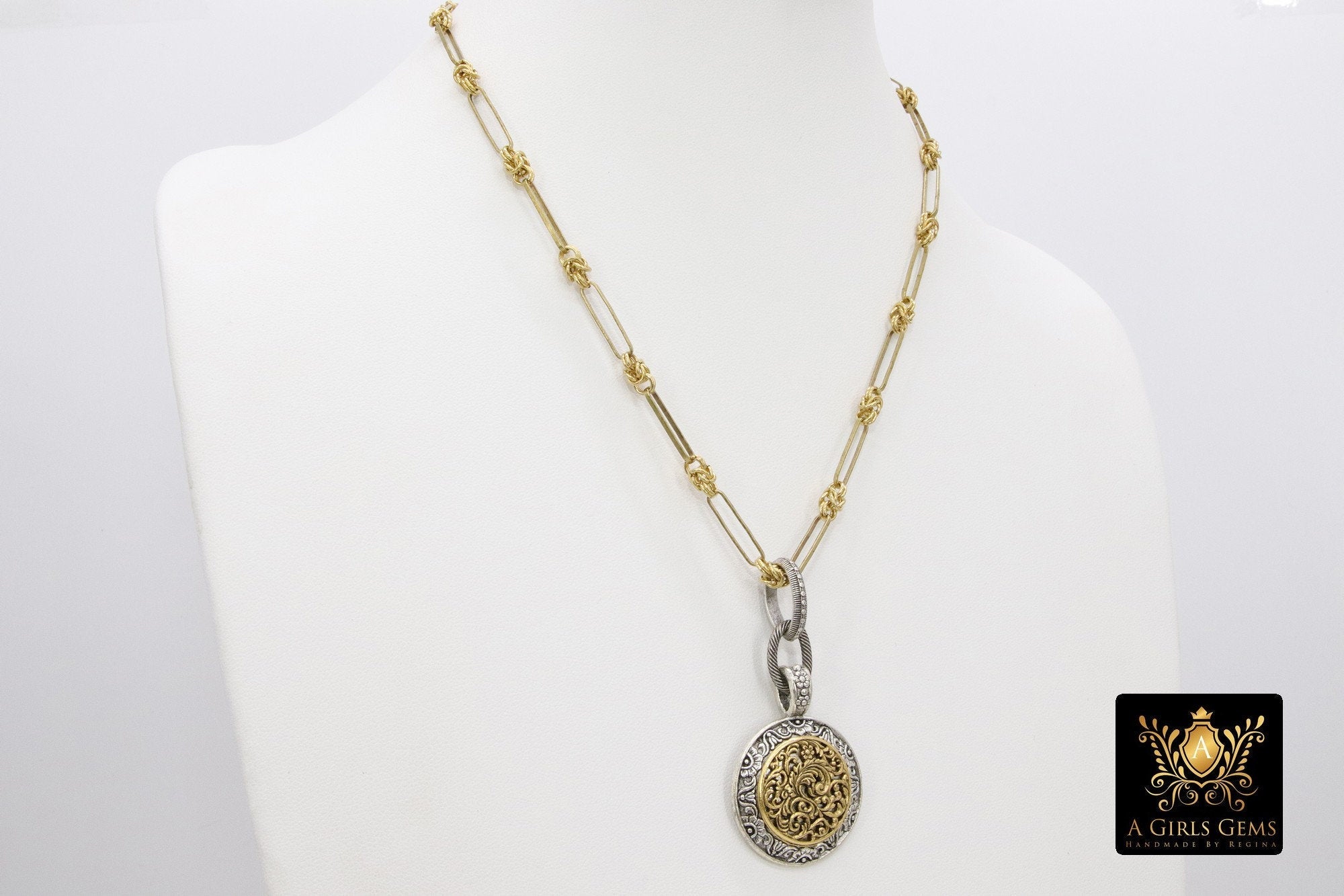 Gold and Silver Filigree Medallion Necklace, Vintage Gold Rectangle Chain Maille #684, Coin Pendant Statement Jewelry - A Girls Gems
