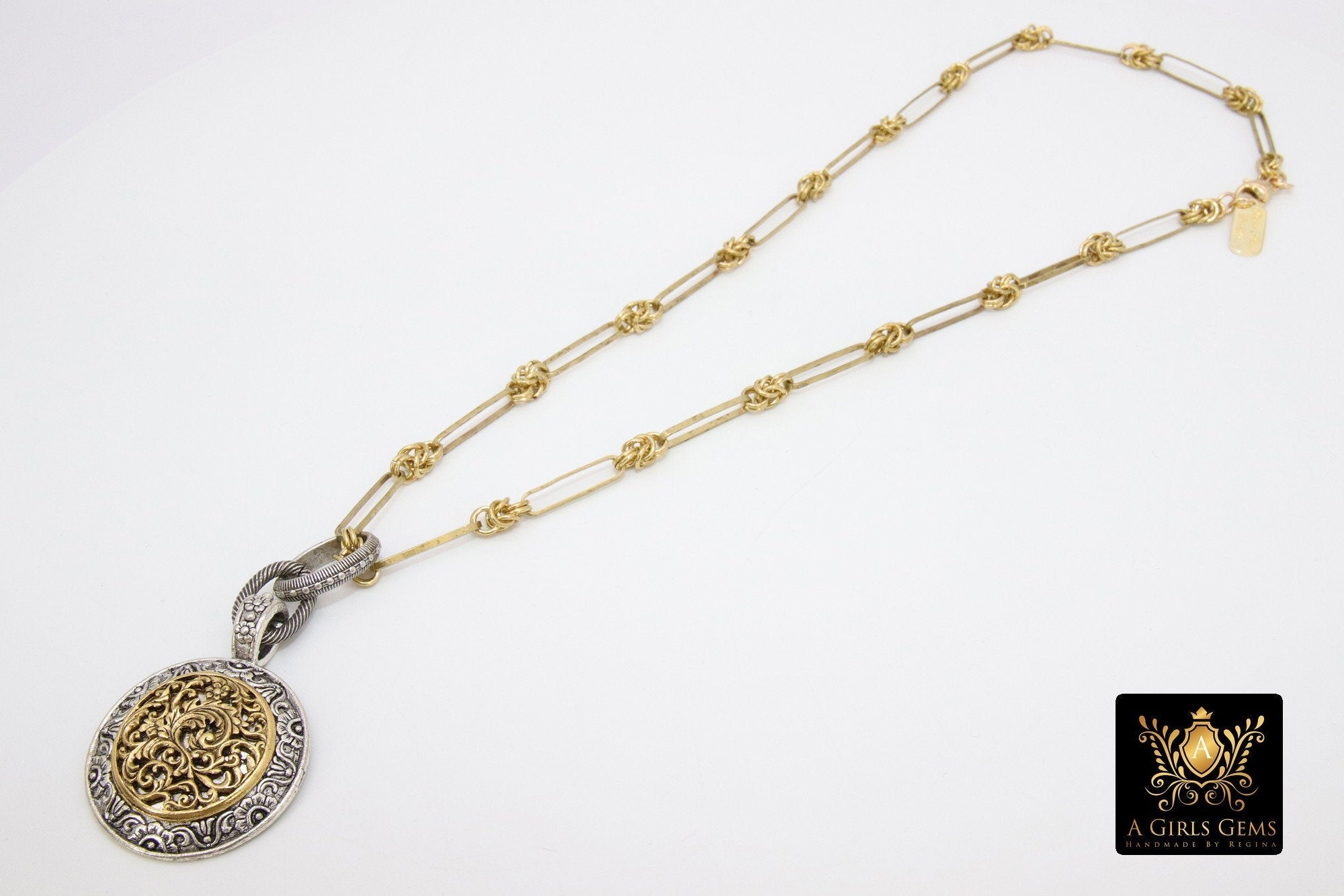 Gold and Silver Filigree Medallion Necklace, Vintage Gold Rectangle Chain Maille #684, Coin Pendant Statement Jewelry - A Girls Gems