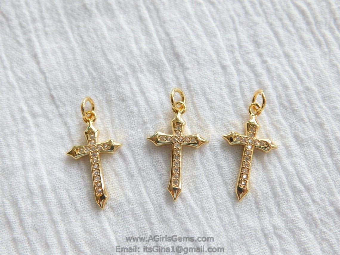 Rose Gold Cross Charms, CZ Micro Pave Dainty Religious Cross Pendants, 12 x 21 mm Small Cross for Rosary Chains, Beaded Bracelets - A Girls Gems