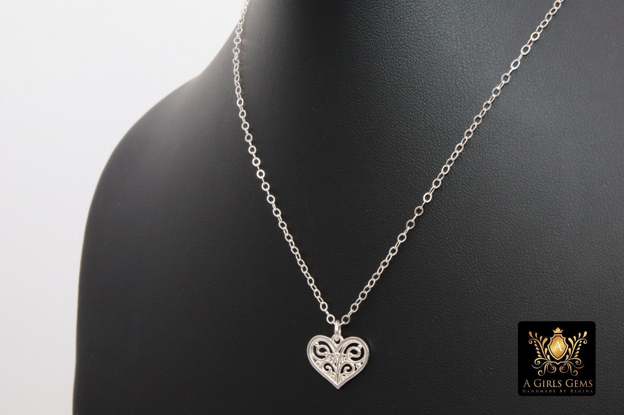 Silver Filigree Heart Chain Necklace, 925 Sterling Silver Dainty Chain Choker, Love Jewelry in Adjustable Length