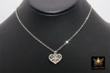 Silver Filigree Heart Chain Necklace, 925 Sterling Silver Dainty Chain Choker, Love Jewelry in Adjustable Length