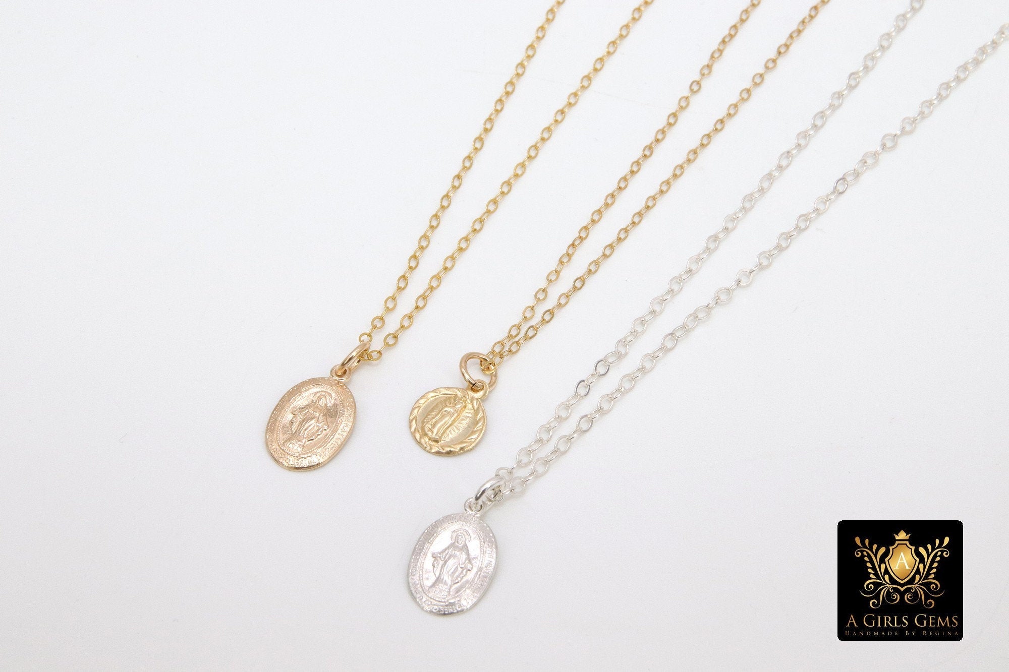 14 K Gold Filled Virgin Mary Hammered Chain Necklace, 925 Sterling Silver Mother Mary Choker, Mommy and Me Madonna Necklaces - A Girls Gems