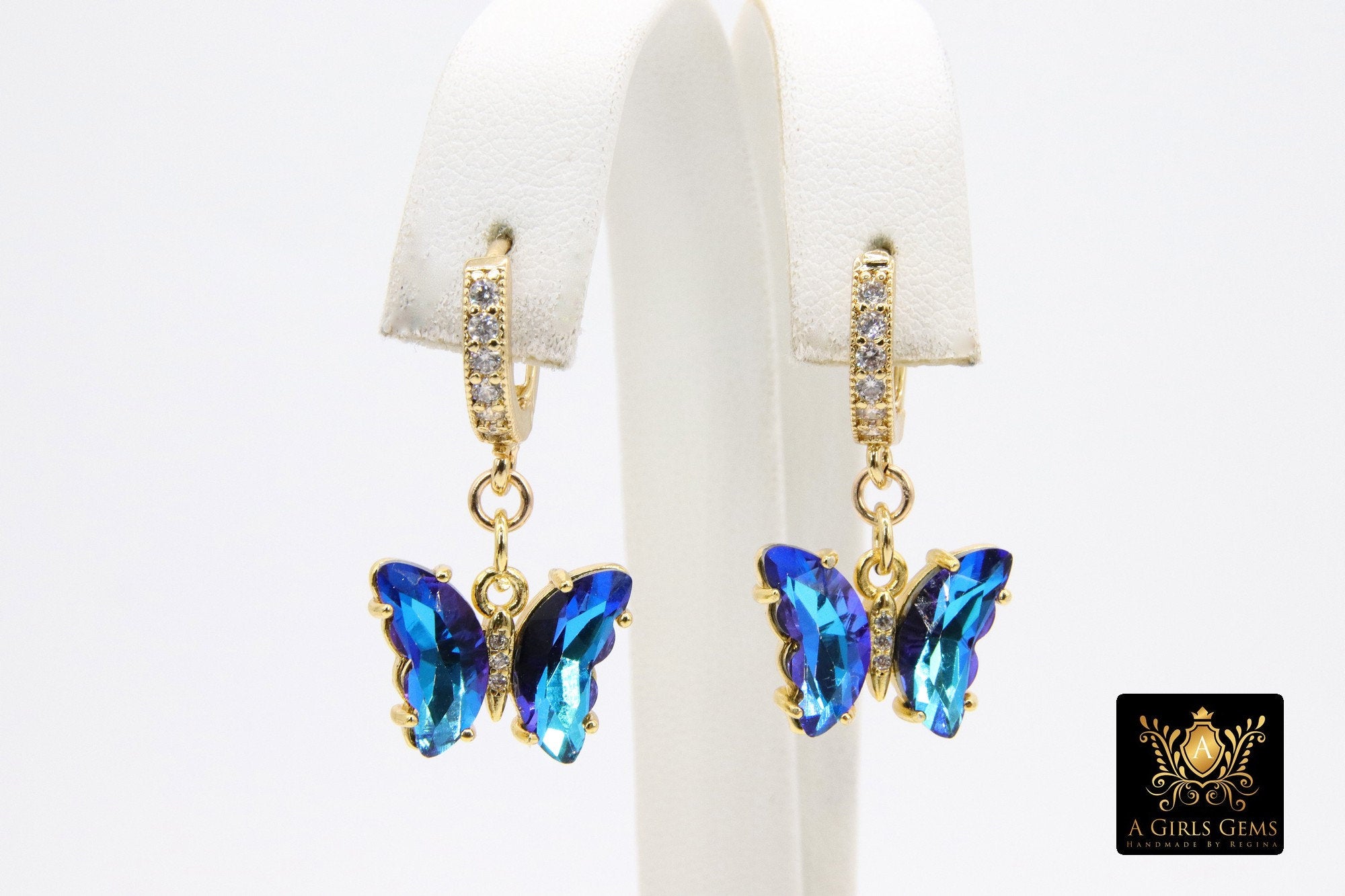 Gold Butterfly Earrings, CZ Huggie Hoop Ear Rings #654, High Quality Crystal Butterfly Huggies, 12 Color Choices - A Girls Gems