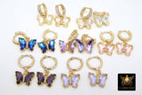 Gold Butterfly Earrings, CZ Huggie Hoop Ear Rings #654, High Quality Crystal Butterfly Huggies, 12 Color Choices - A Girls Gems