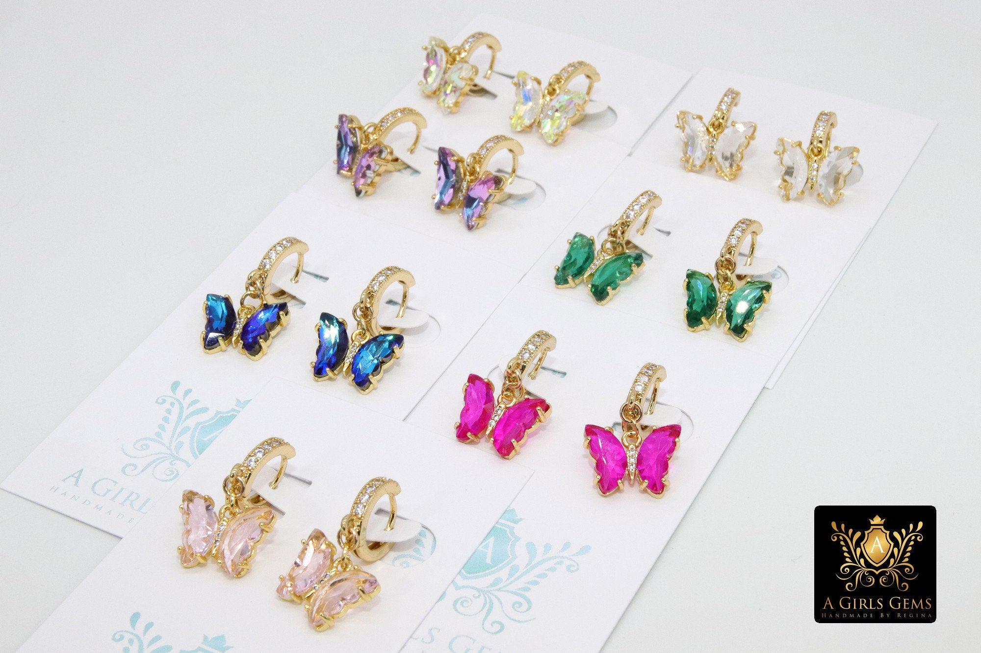 Gold Butterfly Earrings, CZ Huggie Hoop Ear Rings #654, High Quality Crystal Butterfly Huggies, 12 Color Choices - A Girls Gems