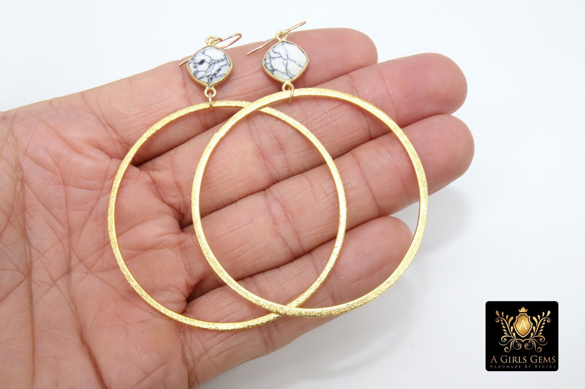 White Turquoise Large Hoop Earrings, 14 K Gold Filled Fancy Hook Ear Wires  #692, Brushed Gold Round Hoops