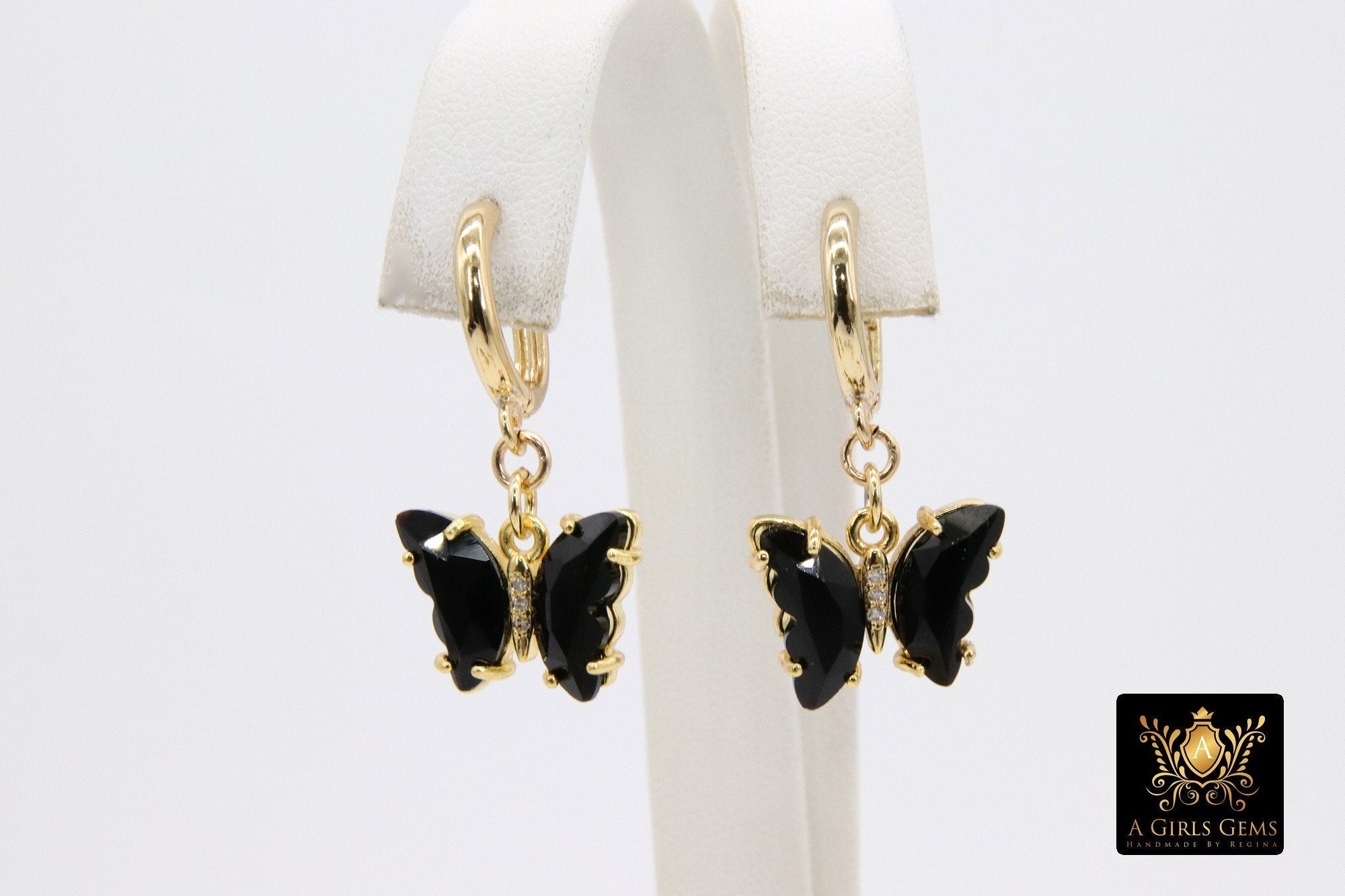 Butterfly Earrings, Gold Thick Huggie Hoop Ear Rings #654, High Quality Crystal Butterfly Huggies, 12 Color Choices - A Girls Gems