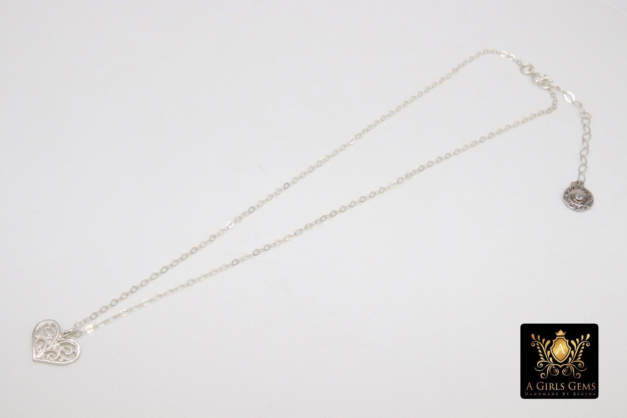 Silver Filigree Heart Chain Necklace, 925 Sterling Silver Dainty Chain Choker, Love Jewelry in Adjustable Length